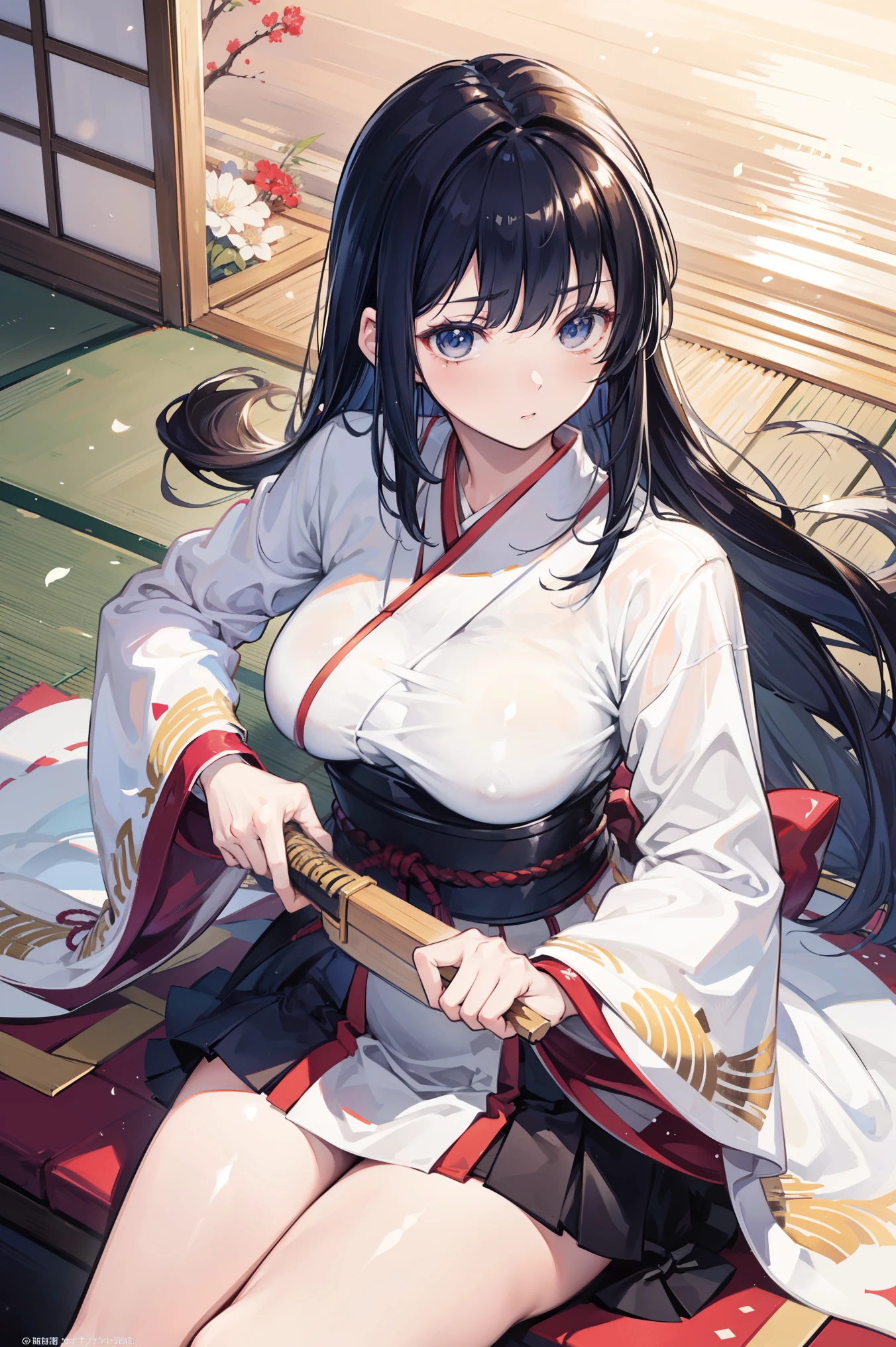 High-definition realistic comic style,An idiot girl in the Kendo club that is delicate and meticulous,Long hair flying,with a naive expression,wielding a bamboo sword,Wear a white uniform,The background is a traditional Japanese dojo,The sun shines on it,creating a warm and comfortable atmosphere,Rich in Details,Exquisite