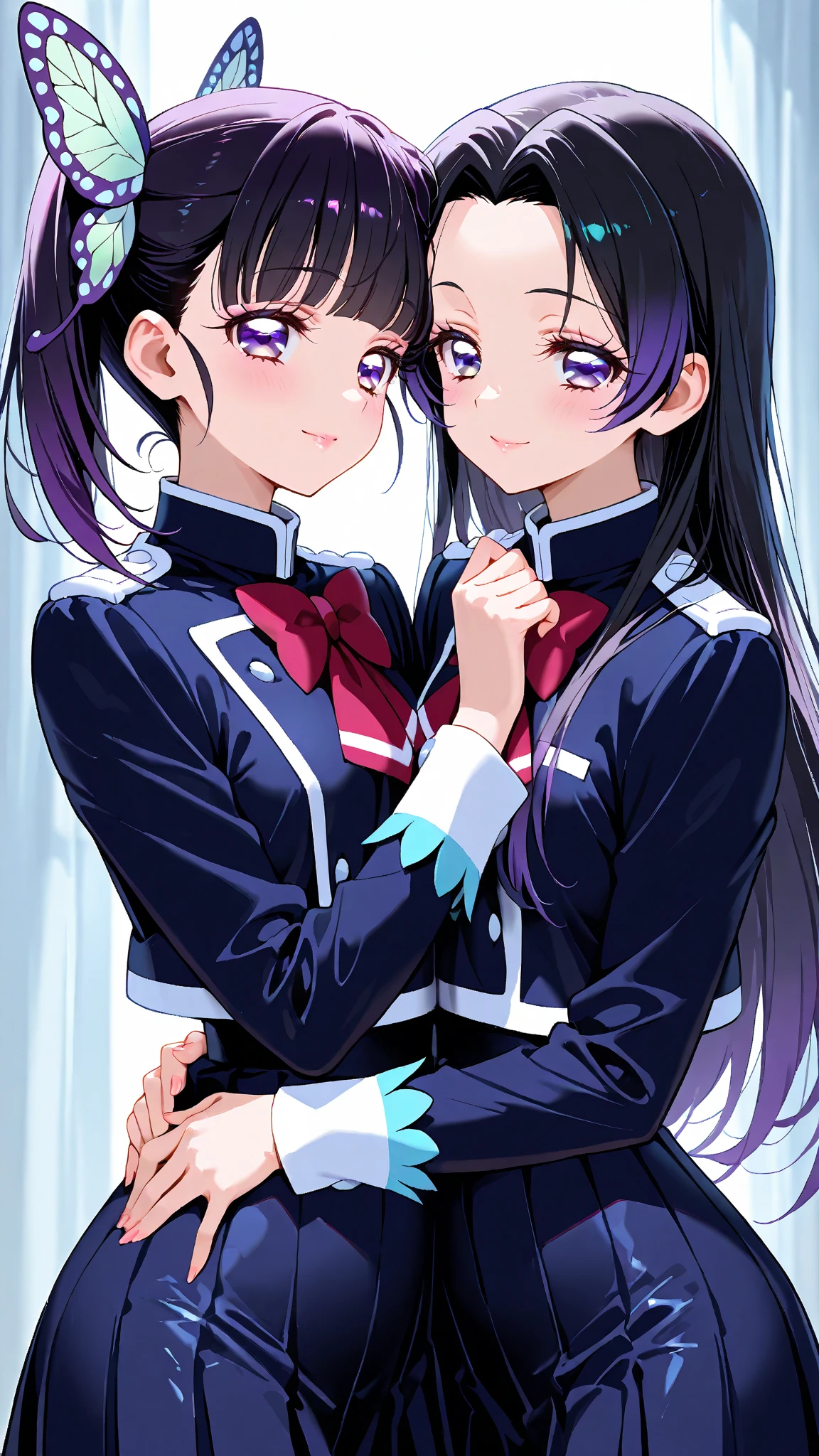 long hair, blue hair, yellow eyes, (twintails:1.1) blue suit, skirt, shirt, , badge on the 、
holding other hand phon