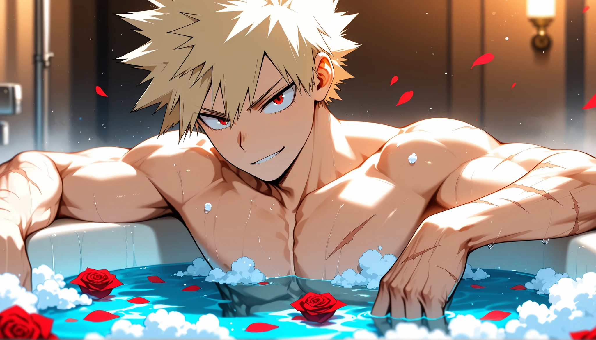 solo, half body, {Katsuki Bakugo, ((male)), muscular, mature:1.9, my hero academia, blonde spiky hair, red eyes, scar on left cheek, scars on arms, bare chest, nude, erect penis, smirking}, [BREAK] blurred background, laying back in a tub filled with water, soap bubbles, rose petals, [BREAK] masterpiece, cinematic quality, warm and moody lighting, soft depth of field, high detail, emotional atmosphere