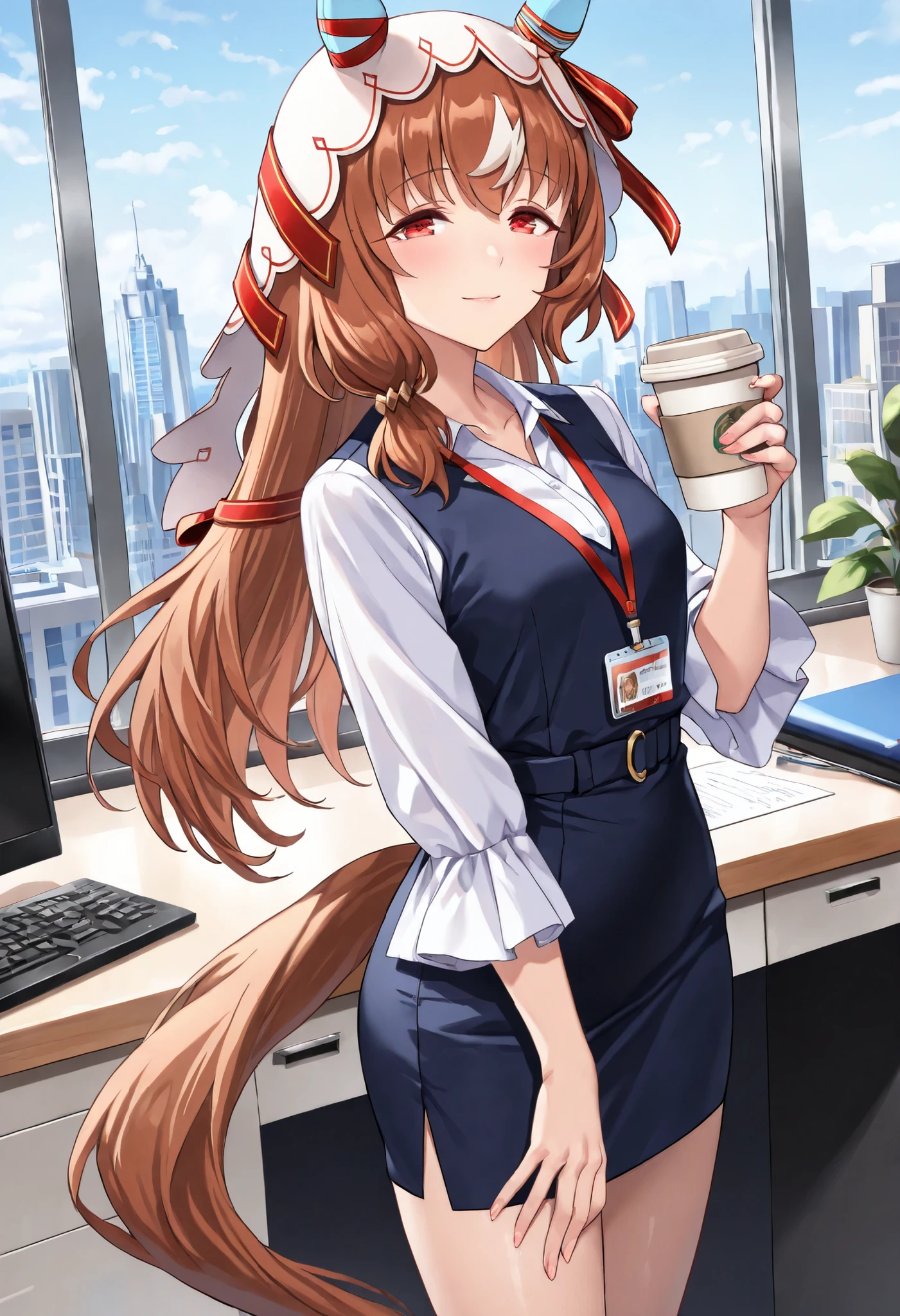 (masterpiece, best quality, perfect face:1.4), wide angle, Still in Love \(umamusume\), brown hair, red eyes, long hair, streaked hair, horse ears, ear cover, ear ornament, veil, red hair ribbon, small breasts, horse tail, tail on the lower back, proportional body, proportional,1 girl, beautiful hair, beautiful face, beautiful detailed eyes, beautiful clavicle, beautiful body, beautiful chest, beautiful thigh, beautiful legs, beautiful fingers, looking at viewer, BREAK, standing, holding a coffee cup, office worker outfit /(id card lanyard/), mature female, light smile, BREAK /(modern office indoors/), window skyscraper, textured skin, realistic skin, HDR, BREAK, good hands,
