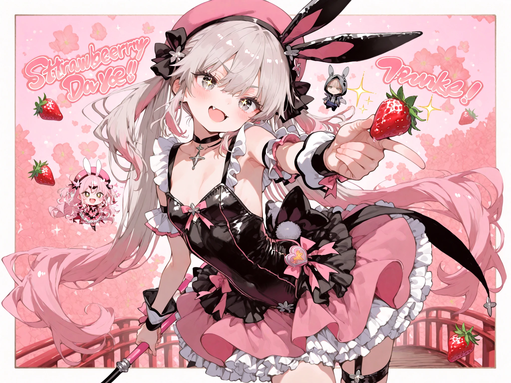 1Girl、girls、fang、pink inner color on gray hair、super long hair with trunks、Bedhead、gray eyes、black choker holding a bridge、Dynamic Composition、Bunny ears、pink beret、strawberry、 cute background、Pink magical girl outfit、Frilly Skirt、Sparkling Eyes