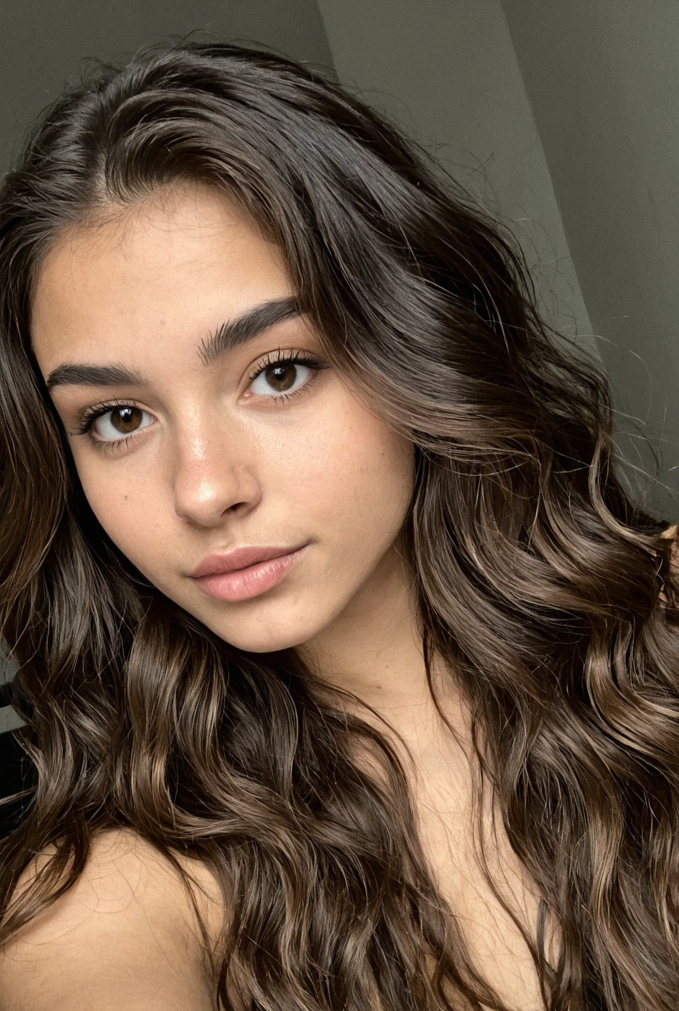 Photo Realistic woman, 22, Luiza Silva, brown, long wavy, she weighs 64kg, She is natural, She is natural and ultra realistic, She is Photogenic and model, She is taking a selfie, photo for instagram post