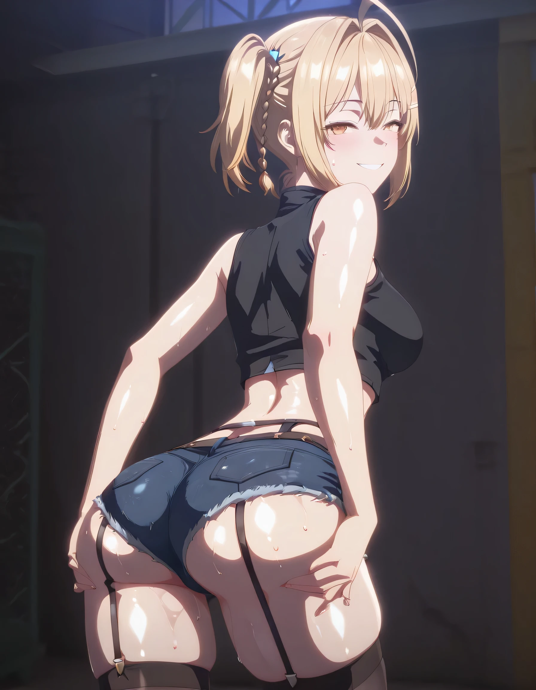 masterpiece, best quality, absurd, latest, high resolution, official art, screenshot, anime screenshot, anime coloring, masterpiece,best quality,absurdres,newest,highres, official art, detailed eyes,anime eyes,high detail eyes,multicolored iris,detailed iris,anime style ummsmingame, 3d, 1girl nonoa miyamae, blonde hair, short hair, side ponytail, one side up, braid, hair ornament, yellow eyes, ahoge, hair clip, hair intakes, mature female, large breasts, 3d shiny skin, wet body relista4k, oily shiny skin 4k, sweat, shiny hair 4k, short denim shorts, black stockings with garter belt, black sleeveless crop top, in Tokyo city in an alley with a lot of dark graffiti, realistic shadow of luiz beautiful realistic scenery, in Tokyo city in an alley with a lot of dark graffiti, realistic shadow of luiz beautiful realistic scenery, beautiful aesthetics with purple light, at night, beautiful aesthetics with light purple, very beautiful aesthetic lighting, lighting with a lot of realism on the body, beautiful scenery with a lot of details, in a beautiful masterpiece, best quality, extremely detailed face, perfect lighting, beautiful scenery with a lot of details, in a beautiful, masterpiece, best quality, extremely detailed face, perfect lighting, beautiful, masterpiece, best quality, extremely detailed face, perfect lighting, beautiful, masterpiece, best quality, extremely detailed face, perfect lighting, from the back showing her big ass, she holding her ass with both hands, focus on the big ass, looking back with a naughty smile 3d