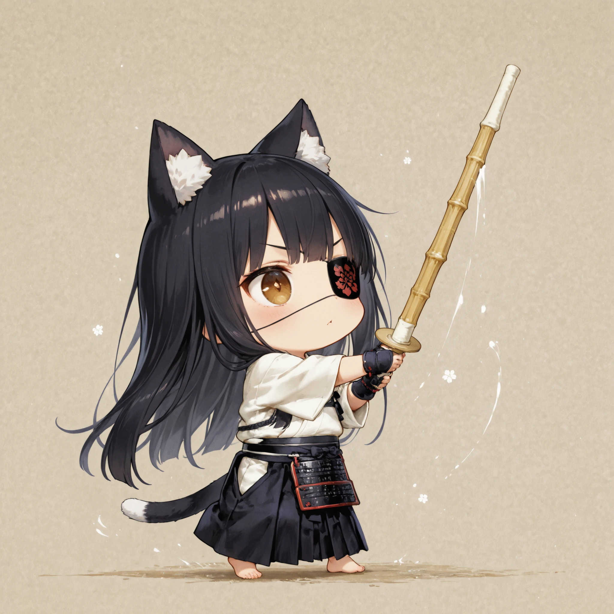 chibi,,Cute,masterpiece、Highest Quality、Ultra Detailed 、(1 person)、full body、2.5 heads tall、Cat ear girl、Hold two bamboo swords、long black hair、brown eyes、Sharp Eyes、eyepatch to your right eye、Barefoot、 white uniform、Black Hakama、Between the wide boards、Concealed Hair、kendo,kendo_gear,kendo-do,kendo-tare,kendo-kote,armor,gloves,japanese armor,shinai,hakama,
