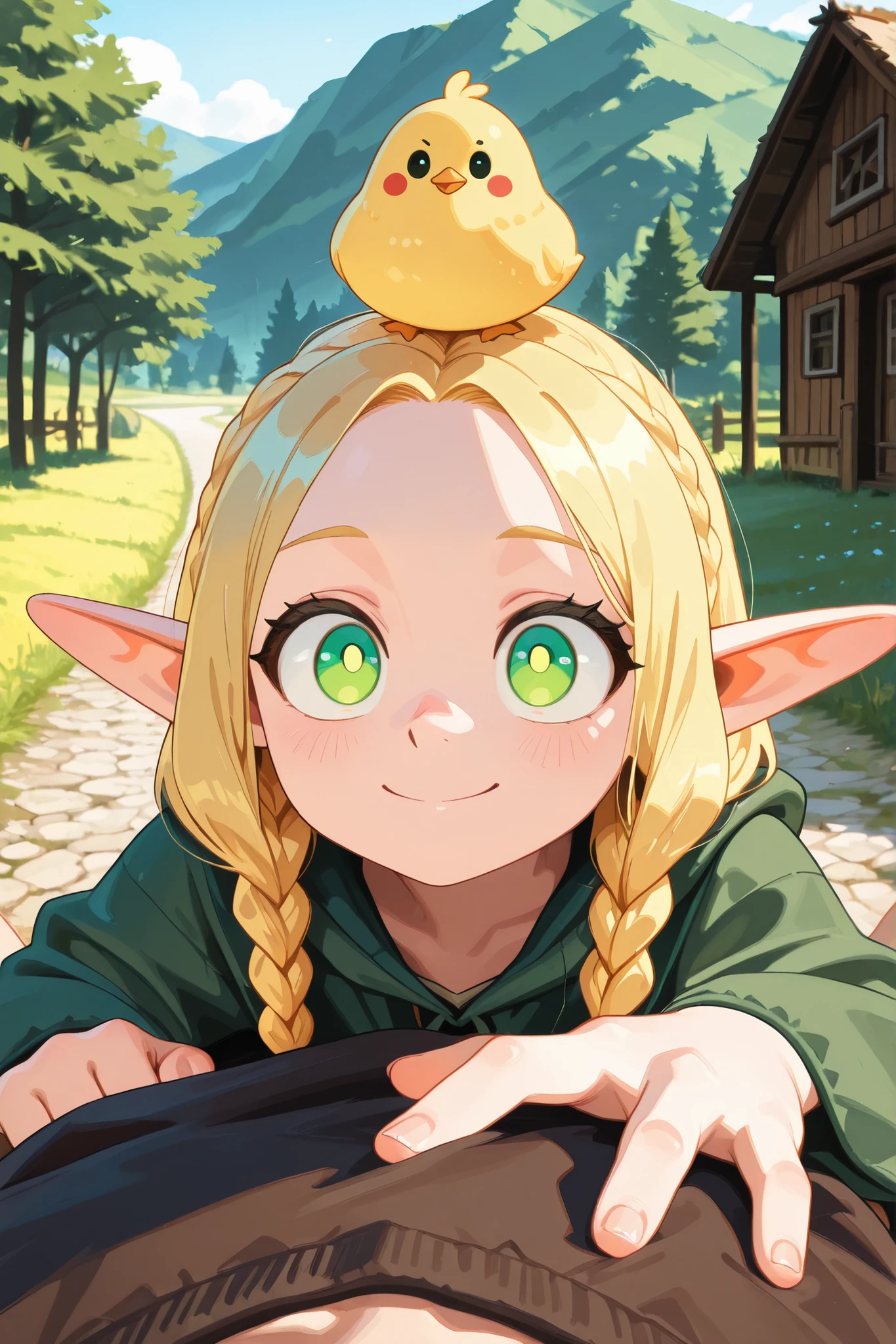 masterpiece, Highest Quality, Amazing Quality, is very beautiful, high resolution, 4 fingers and thumbs , original anime, Marcile Donato,
Marcile Donato, long hair at Boro-Yado, Blonde, green eyes, braids, pointed ears, twin braids, Elf, bright eyes, parted bang,
Countryside Road , unpaved , Outdoor, masterpiece, Highest Quality, Amazing Quality, is very beautiful, Ridiculous, Newest, Scenery, Smile Yan、There's a huge chick on top of my head、 cute chick named HINA