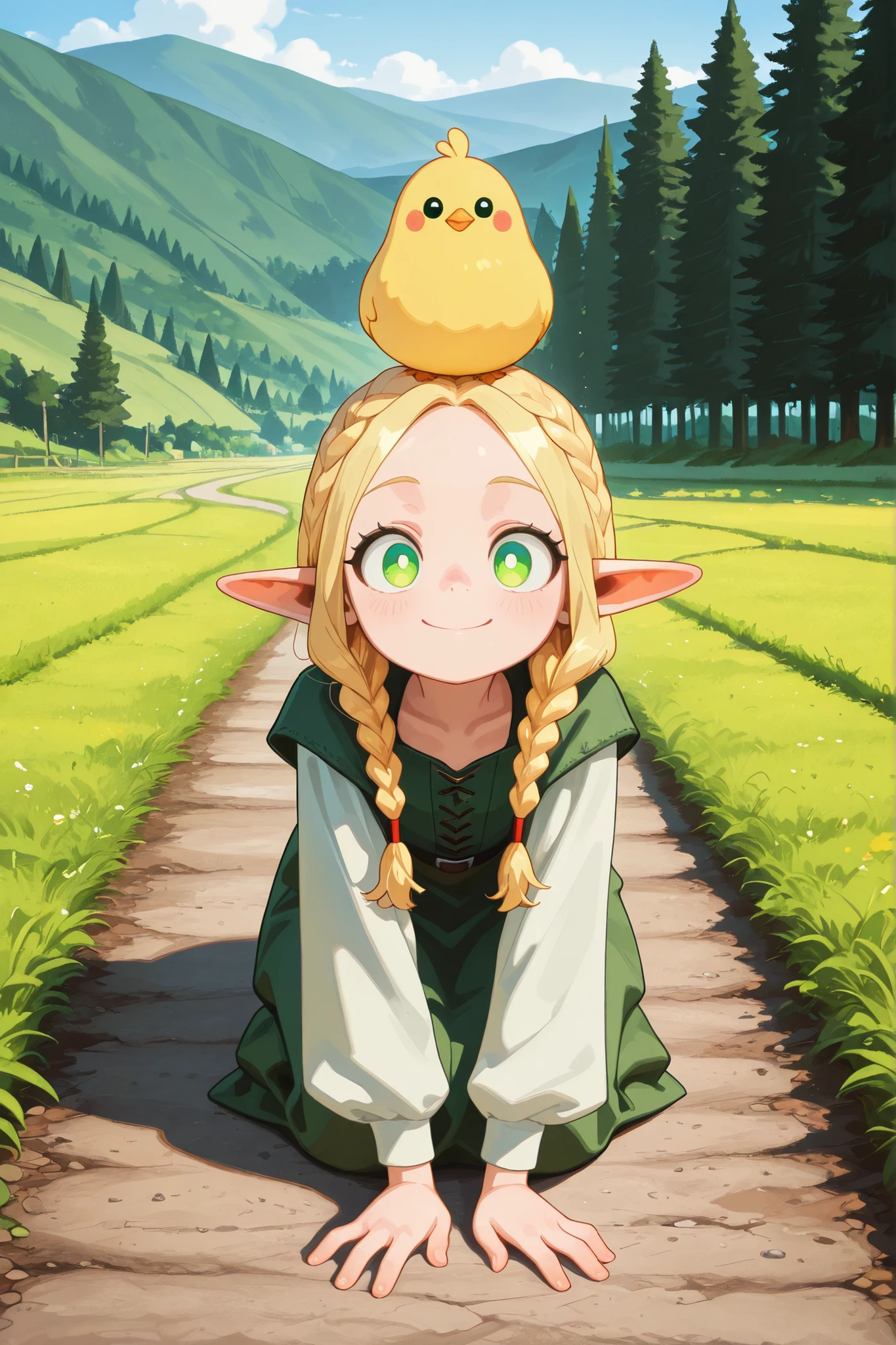 masterpiece, Highest Quality, Amazing Quality, is very beautiful, high resolution, 4 fingers and thumbs , original anime, Marcile Donato,
Marcile Donato, long hair at Boro-Yado, Blonde, green eyes, braids, pointed ears, twin braids, Elf, bright eyes, split bangs,
Countryside Road , unpaved , Outdoor, masterpiece, Highest Quality, Amazing Quality, is very beautiful, Ridiculous, Newest, Scenery, Smile Yan、There's a huge chick on top of my head、 cute chick named HINA