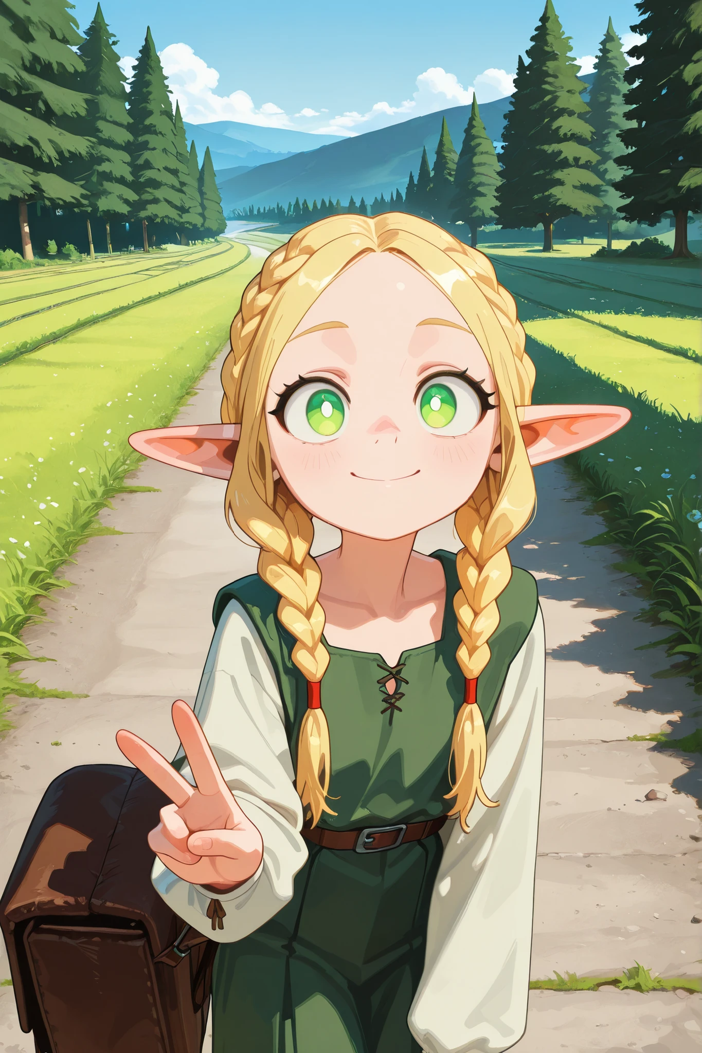 masterpiece, Highest Quality, Amazing Quality, is very beautiful, high resolution,   4 fingers and thumbs , original anime, Marcile Donato, 
Marcile Donato, long hair at Boro-Yado, Blonde, green eyes, braids, pointed ears, twin braids, Elf,  bright eyes,  split bangs,
Countryside Road , unpaved , Outdoor, masterpiece, Highest Quality, Amazing Quality, is very beautiful, Ridiculous, Newest, Scenery, Smile Yan、crouches、 finger V sign