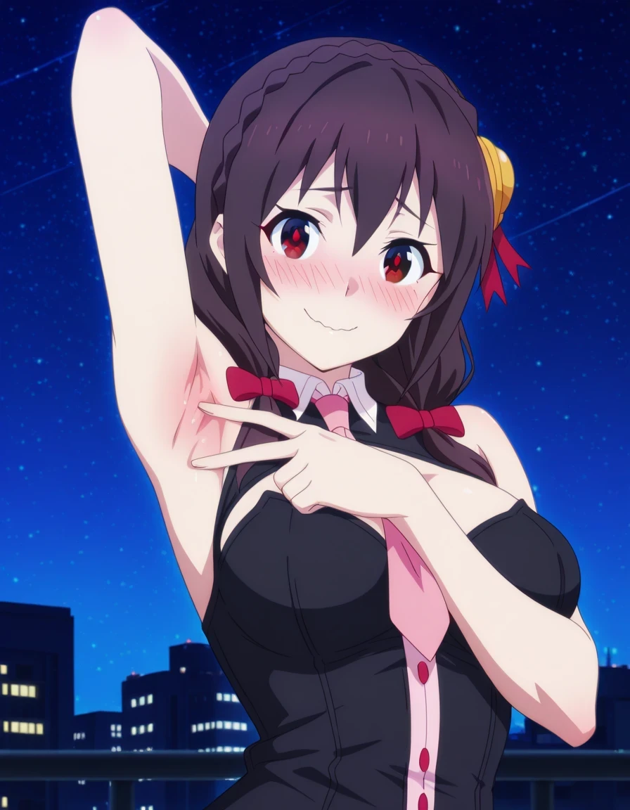 yunyun, black hair, hair ornament, red eyes, bow, braid, crown braid, mature female, breasts, anime screencap, sleeveless, necktie, clothing cutout, cleavage cutout, pink necktie, high quality, solo, night sky, academy city, spread armpit, armpits, armpit focus, ((contrapposto)), closed mouth, upper body, looking at viewer, wavy mouth, blushing, shy, smile, best quality