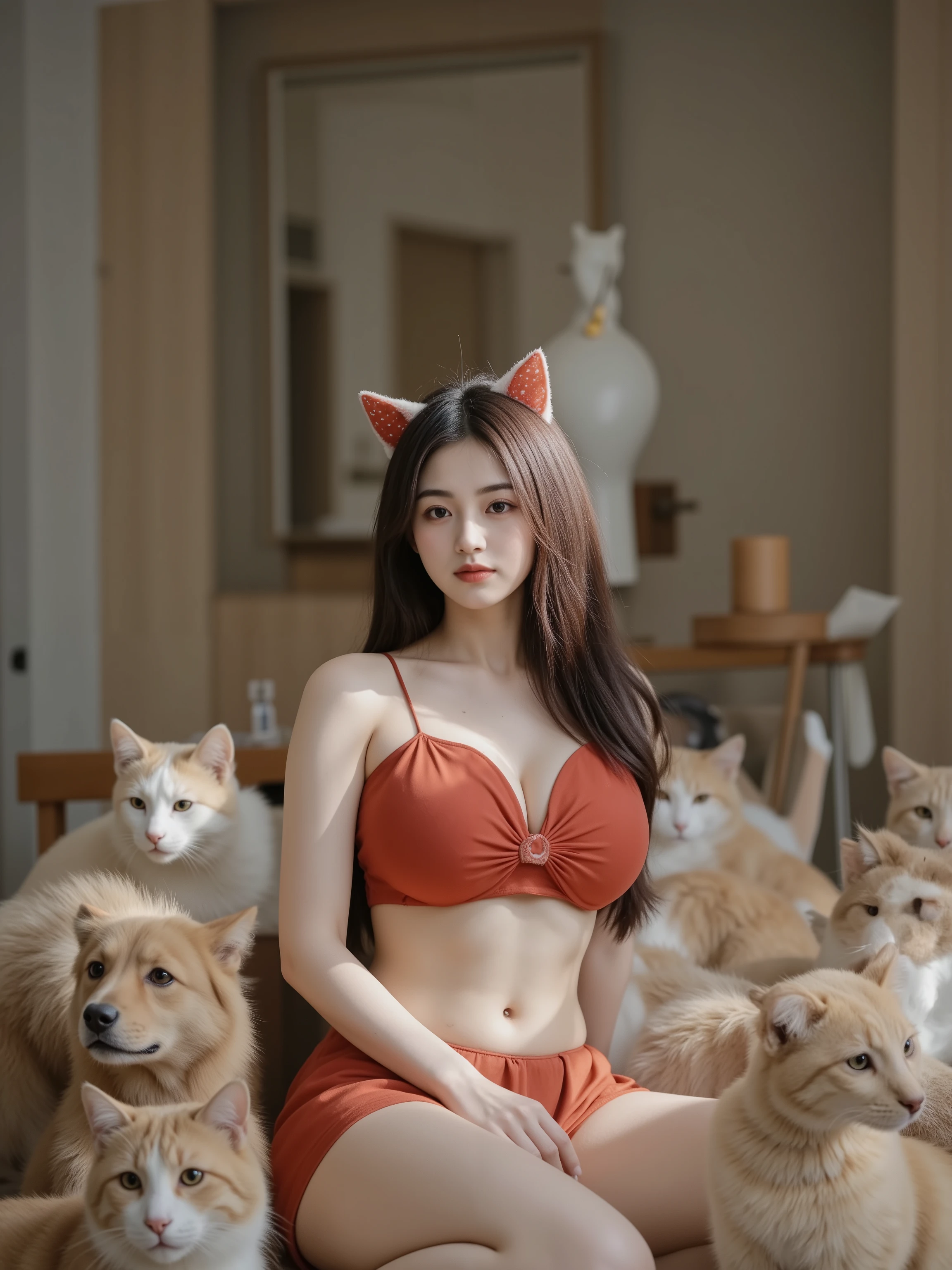 OBbllai,cat,Perfect hand,Huge Breast,beautiful woman sitting surrounded by lots of dogs and lots of cats wearing cat headgear,I'm wearing a cat headgear,4K,8K,high resolution,Masterpiece,super definition,Realistic,Photographer style,HDR,studio lighting,super detailed painting,sharp focus with ball,physics-based rendering,extreme detail,Professional,vivid colors,Bokeh,fantasy,natural portrait,Precise Details,realistic expression,Graceful Posture,soft lighting,cozy atmosphere,delicate texture,warm colors