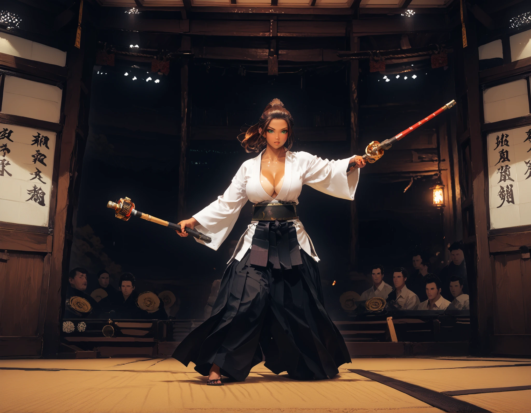 perfect anatomy, dynamic scene, dynamic stance, masterpiece, nierscene, hakama, kendo_gear, kendo-tare, dojo interior, modern dojo with traditional flare, on the far wall is a large trophy and two crossed shinai, in the middle of the floor is a woman with long wavy blonde-brown hair and smart green eyes, her hair is in a ponytail, tan_lines, deep cleavage, holding a shinai in a ready stance, a cute blonde woman with short hair watched her from the background