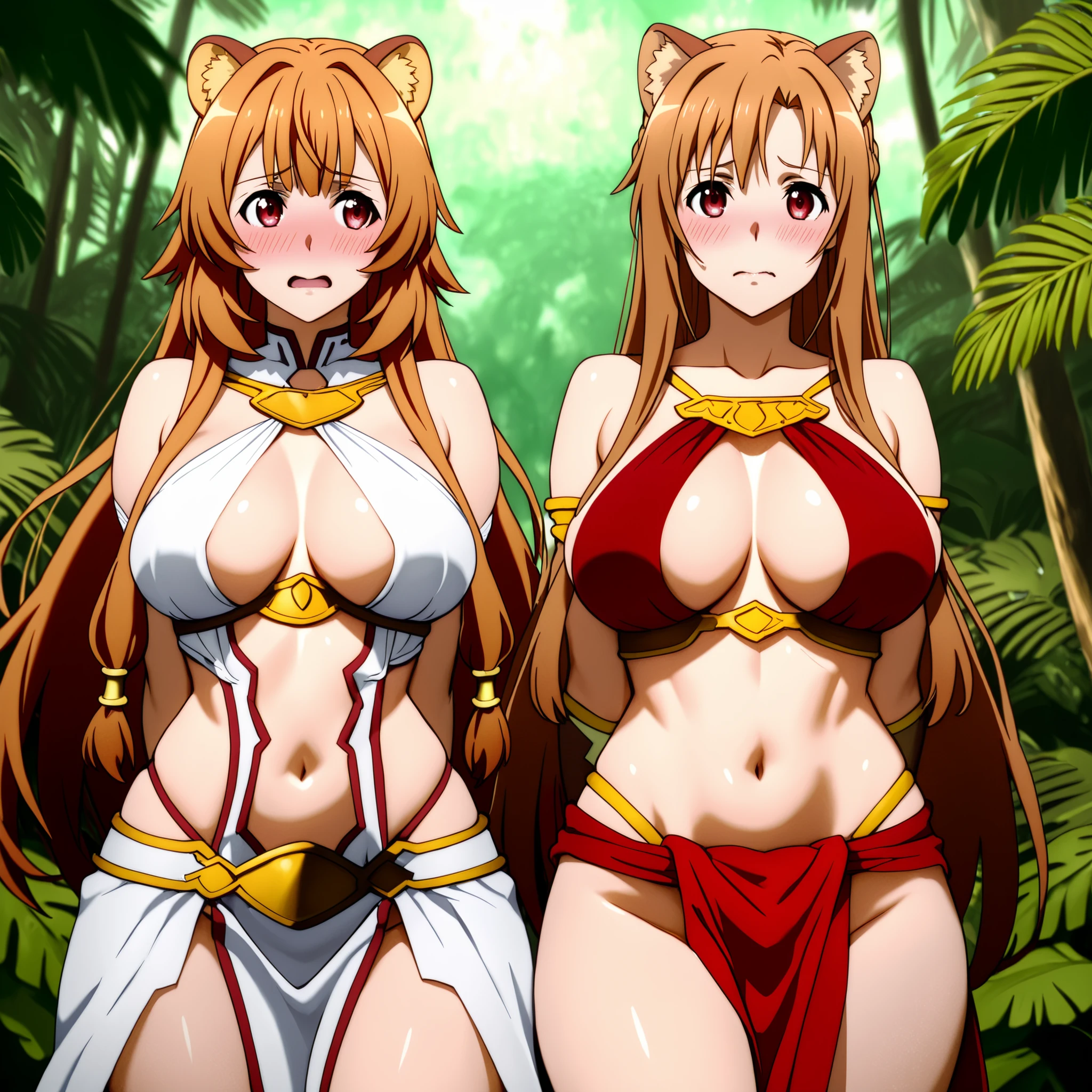 two women . 1st Raphtalia with orange hair and red eyes and rounded animal ears . 2nd Asuna from sao ,  curvy figure big breasts, both wear revealing clothing of Amazon warriors. they show embarrassed and nervous expressions, In the background of a coliseum in the middle of the jungle.