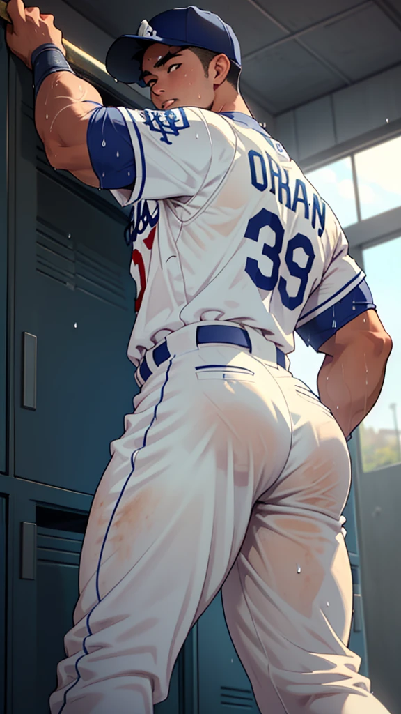 (: 1.5), (handsome Man sitting on table eating bread ),(crew cut short hair:1.8),black eye,(Wear a fitted round neck t-shirt in navy with a police badge.:1.5),(fit neck),Navy blue jeans,(black_gloves:1.2), Korean guy,chest muscles,large arm muscles,blood vessel,Big muscles,Broad shoulders, (open mouth:1.2),(face up:1.2),(close eyes:1.5), middle of the road,smile, In the bread shop, ( :1.8), ( very long: 1.6),  very Big, (Big ), ( of the : 1.6), ((very big, very long )), , hold your hand on your , () , bread in hand 