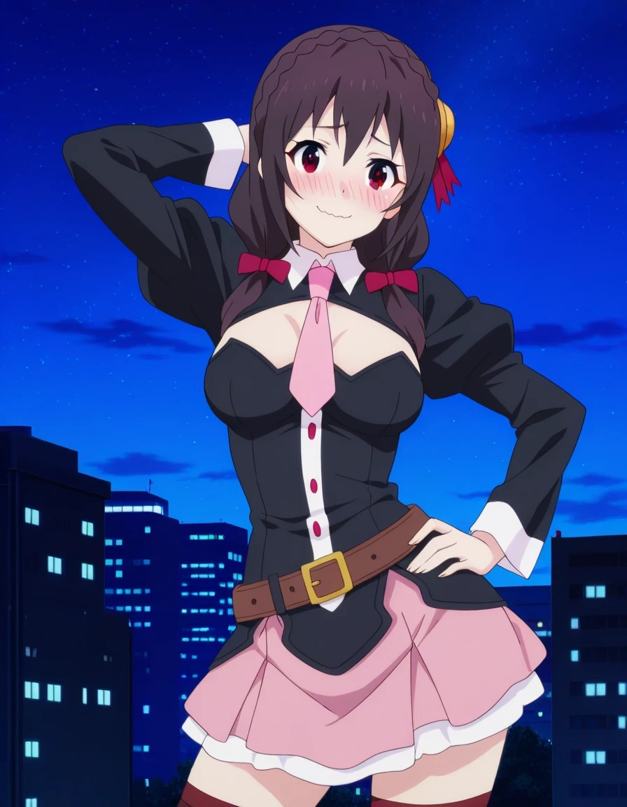 yunyun, black hair, hair ornament, red eyes, bow, braid, crown braid, mature female, breasts, anime screencap, skirt, thighhighs, long sleeves, necktie, belt, clothing cutout, cleavage cutout, pink skirt, pink necktie, high quality, solo, night sky, academy city, hand behind head, hand on hip, ((contrapposto)), closed mouth, cowboy shot, looking at viewer, wavy mouth, blushing, shy, smile, best quality