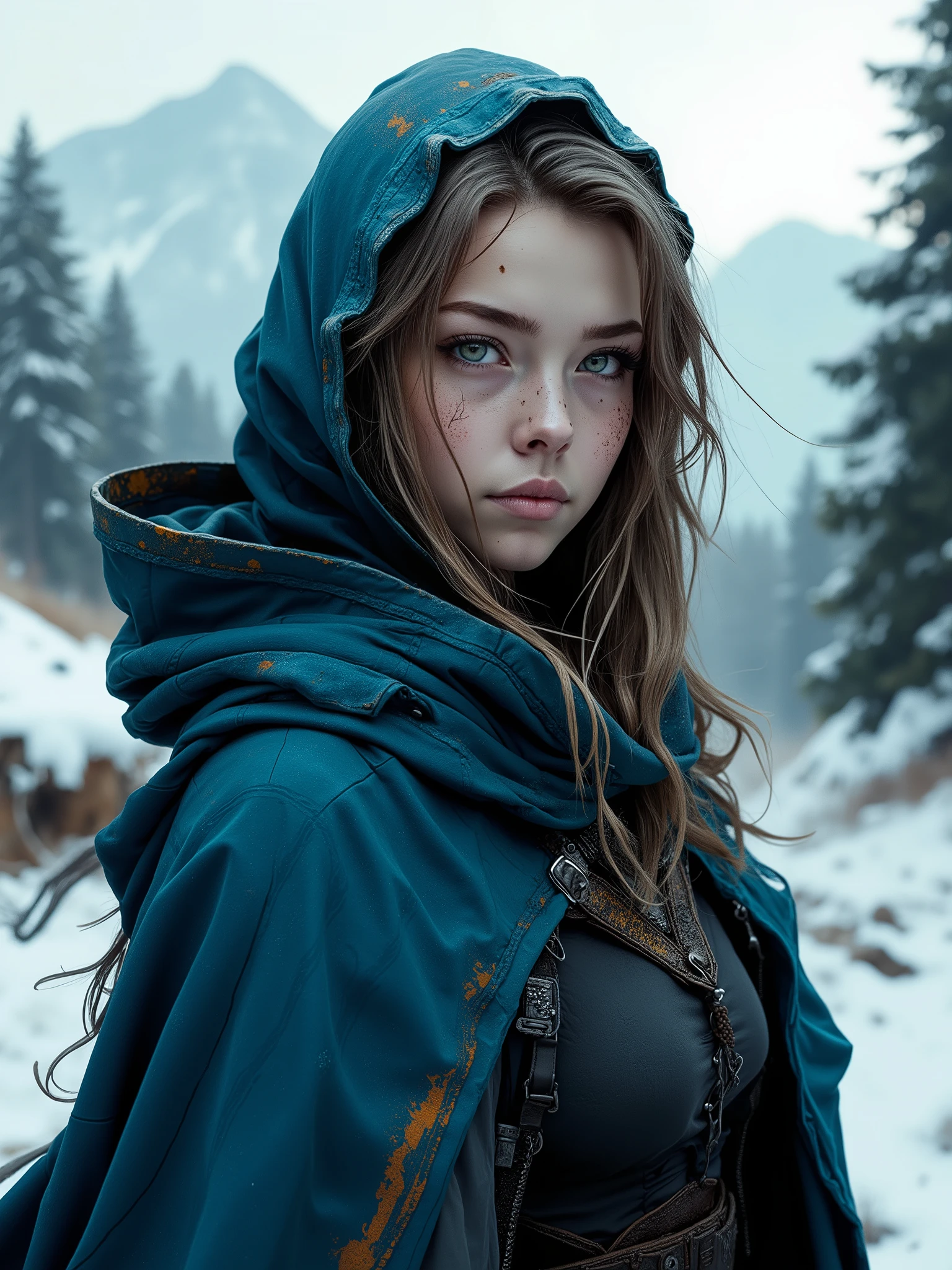 nvinkpunk, A very beautiful and cute 22 year old woman with a slight smile. (((Shy smile))), sharp focus on the face, (((Extremely detailed ice-blue western eyes, beautiful eyes, beautifully detailed eyes))), (((delicately detailed thin pink lips))), (((long hair, shiny hair))), (((Ultramarine Blue medieval steampunk style cape))), (((black medieval steampunk style sleeveless t-shirt))), (((Dark Blue medieval steampunk style leather warrior pants))), (((full body view))), (((the background is a snowy mountain range with three maple trees))). Cinematic lighting, soft depth of field, (((masterpiece/high resolution/Best Quality/top quality/high quality/UHD/16k quality))), sharp focus, no blur, film grain, bokeh.