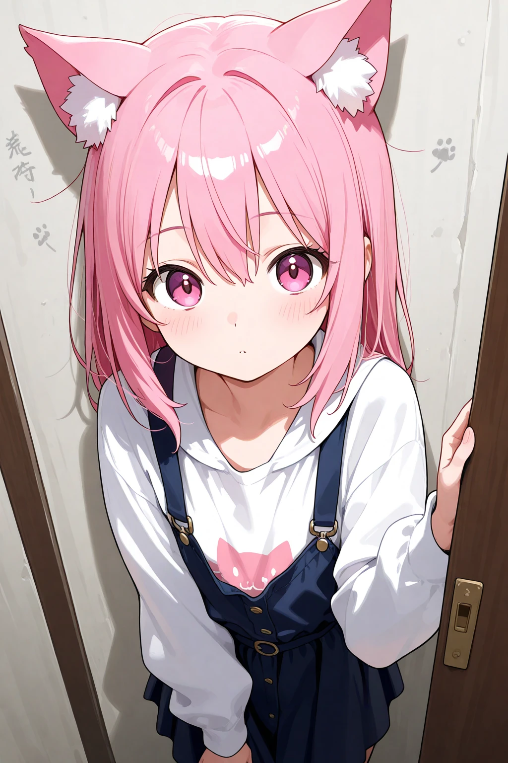 nakano nino，（A white border around a red rectangular background：2.5)，whitesweater，D-cups，head looking up，A pink-haired，Sitting down，Back view， face，High detail,Moles under eyes, Heart-shaped pupils，Love pupils，cropped shoulders，Lots of hearts，Fleshy thighs,highly rendered，detailed face with