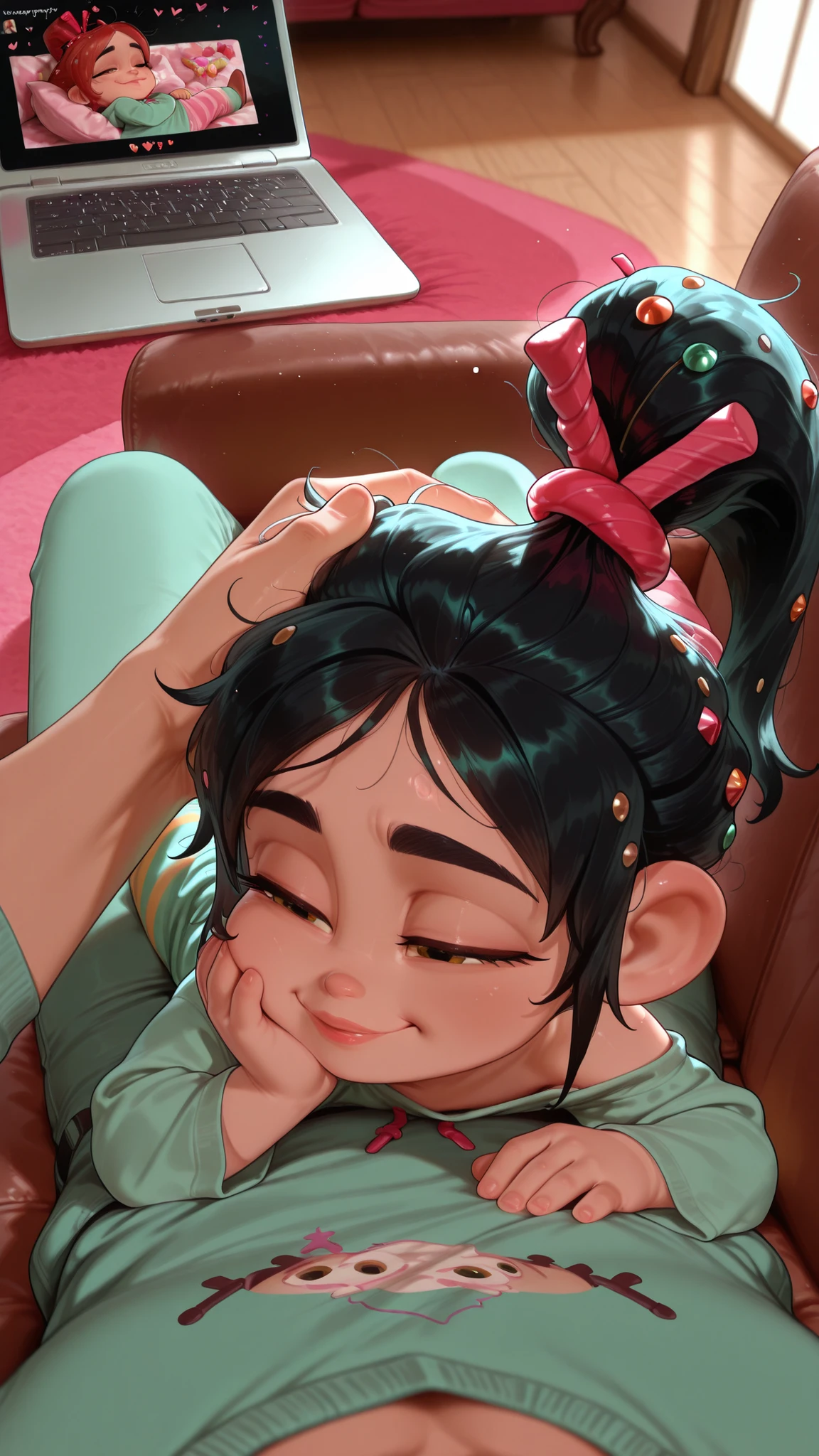 1girl, toddler, lying, from side, resting head, sleepy face, happy, lips, vanellope von schweetz(wreck-it-ralph), resting on chest, lean back, looking at laptop, watching laptop, laptop on lap, head on pov chest, snuggle, flirt, romantic atmosphere, happy, hearts, home, cozy, male pov, povoverShoulder, pov hands, pov arms, arm rest, caressing, sfw. lying on lap, rest, head rest, comfort, reach around, headpat, couch, candy, hair ornaments, pixar style, after sex