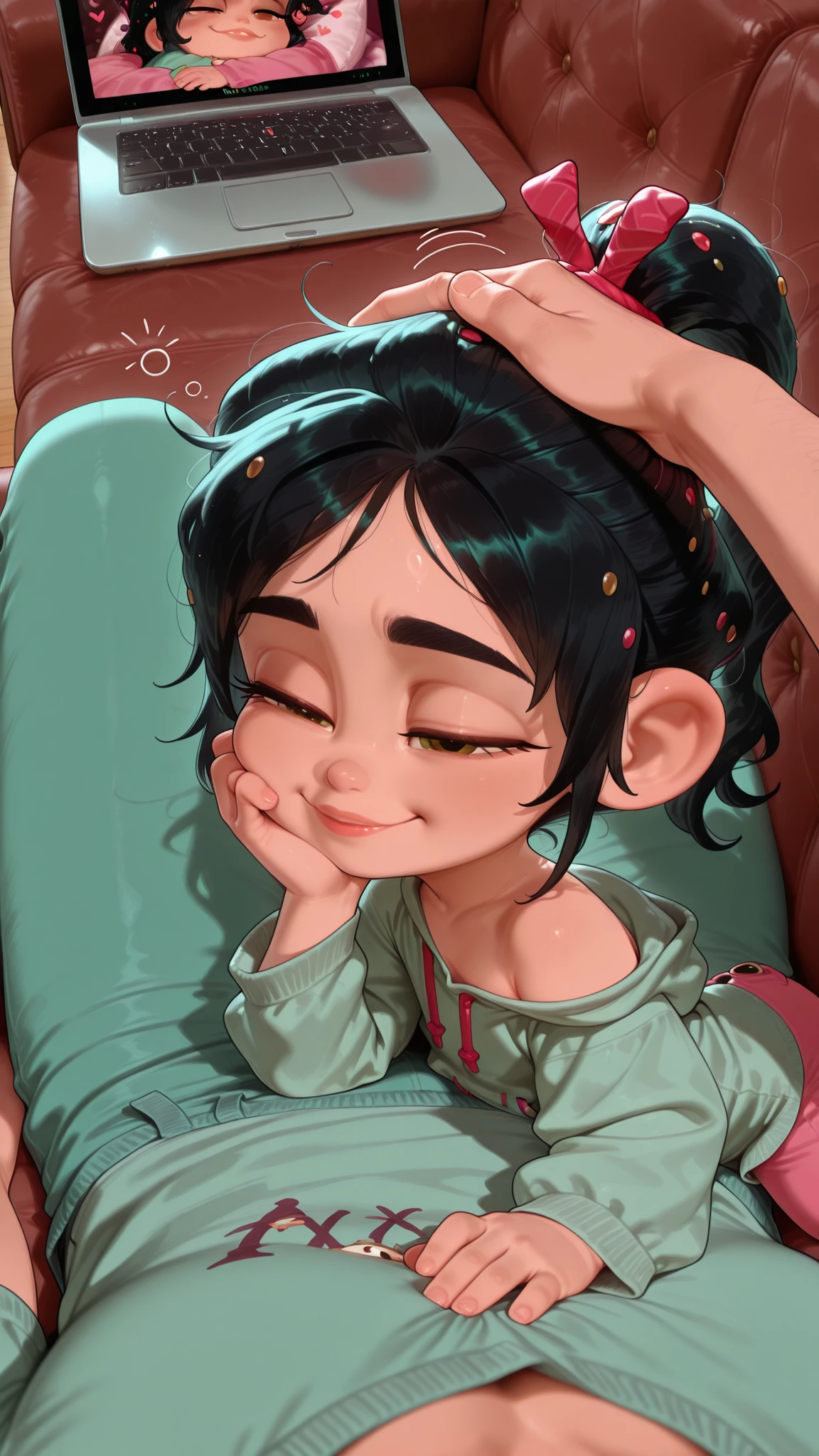 1girl, toddler, lying, from side, resting head, sleepy face, happy, lips, vanellope von schweetz(wreck-it-ralph), resting on chest, lean back, looking at laptop, watching laptop, laptop on lap, head on pov chest, snuggle, flirt, romantic atmosphere, happy, hearts, home, cozy, male pov, povoverShoulder, pov hands, pov arms, arm rest, caressing, sfw. lying on lap, rest, head rest, comfort, reach around, headpat, couch