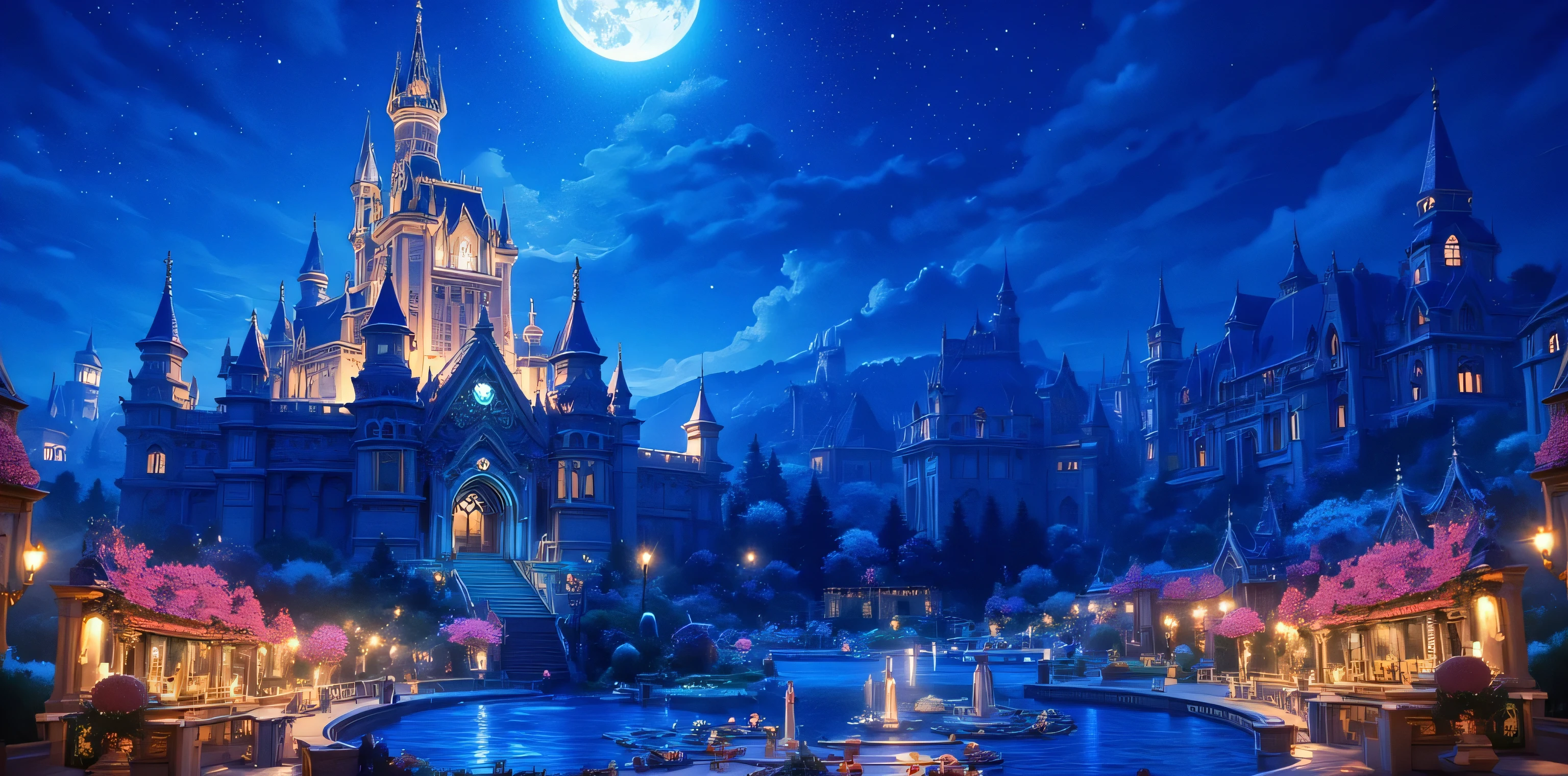 (((masterpiece:1.5、Highest Quality、high resolution:1.3、Super-resolution、Super Detailed、Super Detailed:1.3))) gothic architecture、A beautiful temple-like castle like the Parthenon、Night Sky、columns and stone statues like the Parthenon、丘の上にis standing城、There is another house at the foot々is standing、That castle is illuminated by light、Lakeside Castle