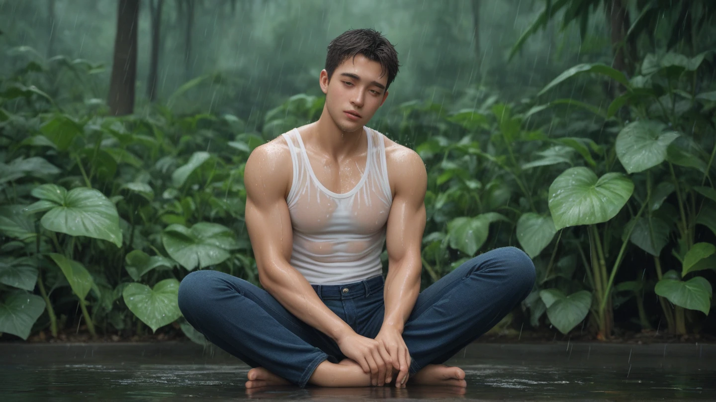 (highly detailed body, best quality:1.2) 1boy, 25 year old men, white jockstrap, handsome, bangs hairstyle hair, wet body, outdoor, rain day, rain, on street in the city, ( with camera).