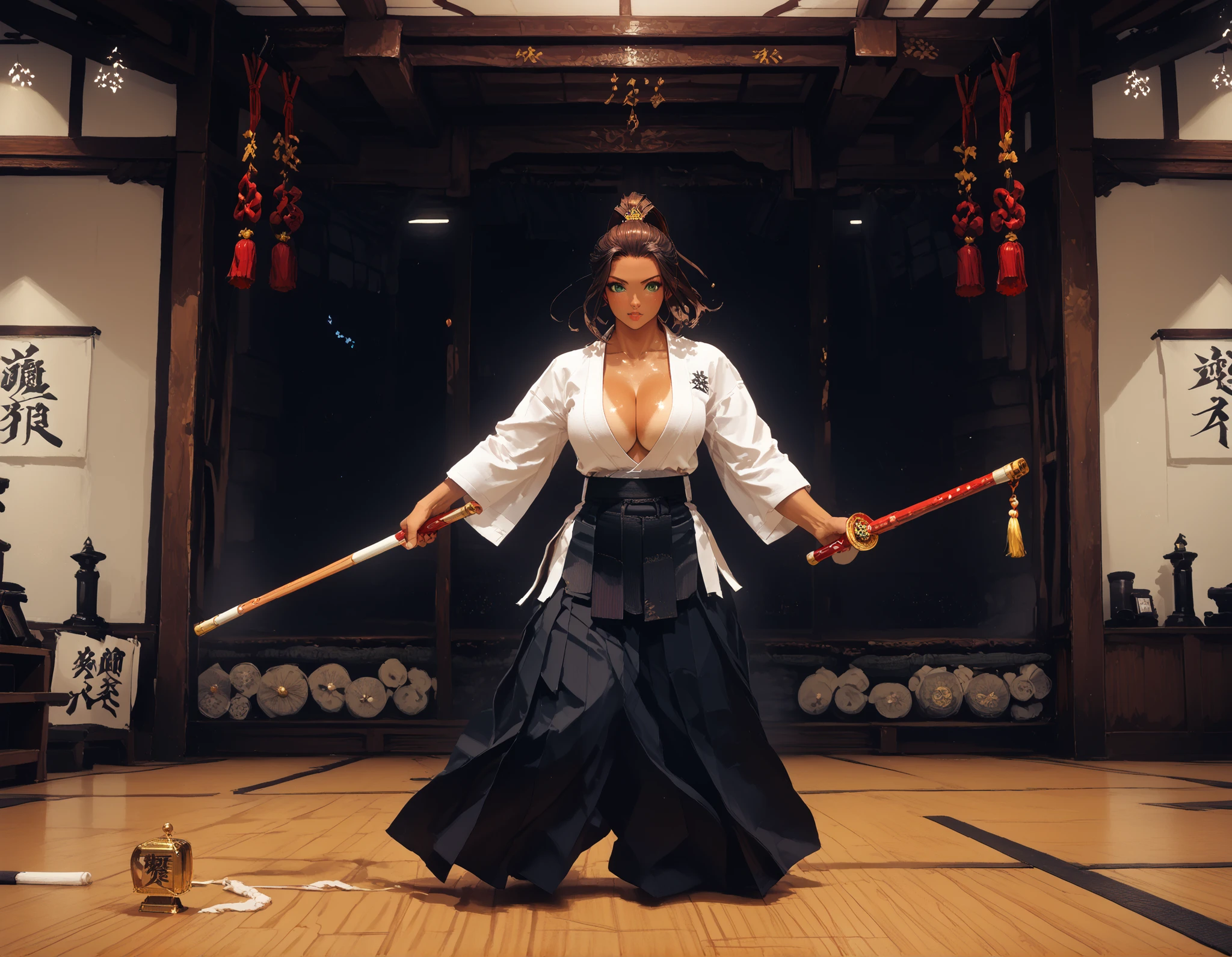 perfect anatomy, dynamic scene, dynamic stance, masterpiece, nierscene, hakama, kendo_gear, kendo-tare, dojo interior, modern dojo with traditional flare, on the far wall is a large trophy and two crossed shinai, in the middle of the floor is a woman with long wavy blonde-brown hair and smart green eyes, her hair is in a ponytail, tan_lines, deep cleavage, holding a shinai in a ready stance, a cute blonde woman with short hair watched her from the background