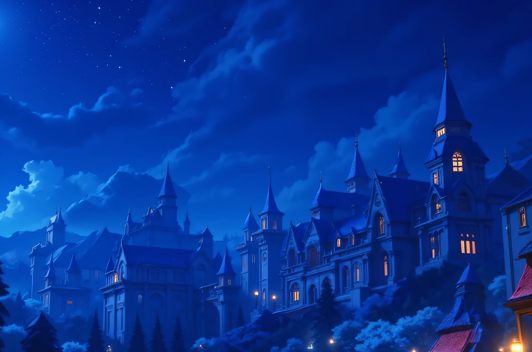 (((masterpiece:1.5、Highest Quality、high resolution:1.3、Super-resolution、Super Detailed、Super Detailed:1.3))) gothic architecture、A beautiful temple-like castle like the Parthenon、Night Sky、columns and stone statues like the Parthenon、丘の上にis standing城、There is another house at the foot々is standing、That castle is illuminated by light、Lakeside Castle