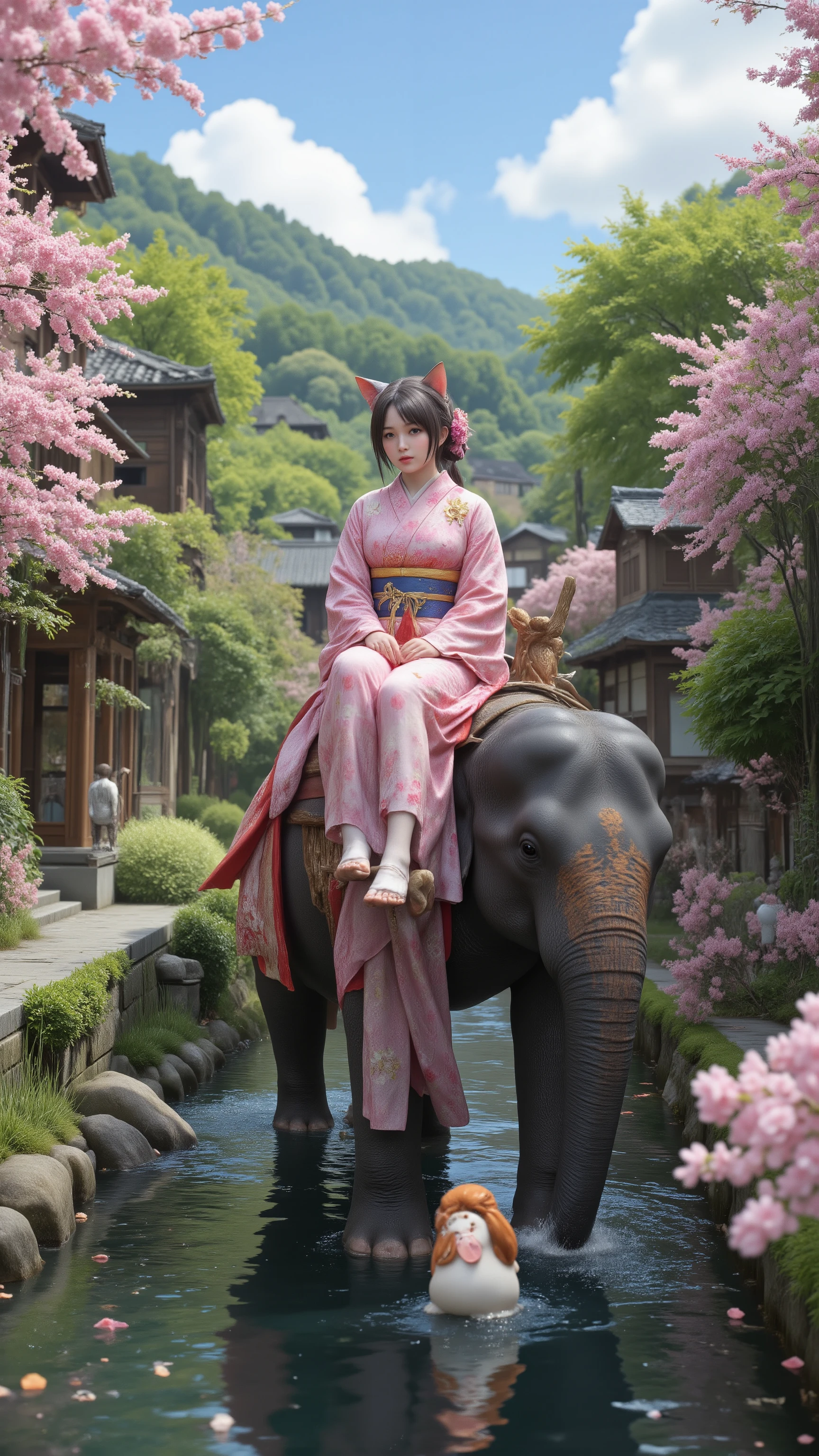 high-definition images、realistic images、Japanese cat girl wearing a yukata、Ride on the back of an elephant and cross a small river in 京都の嵐山
