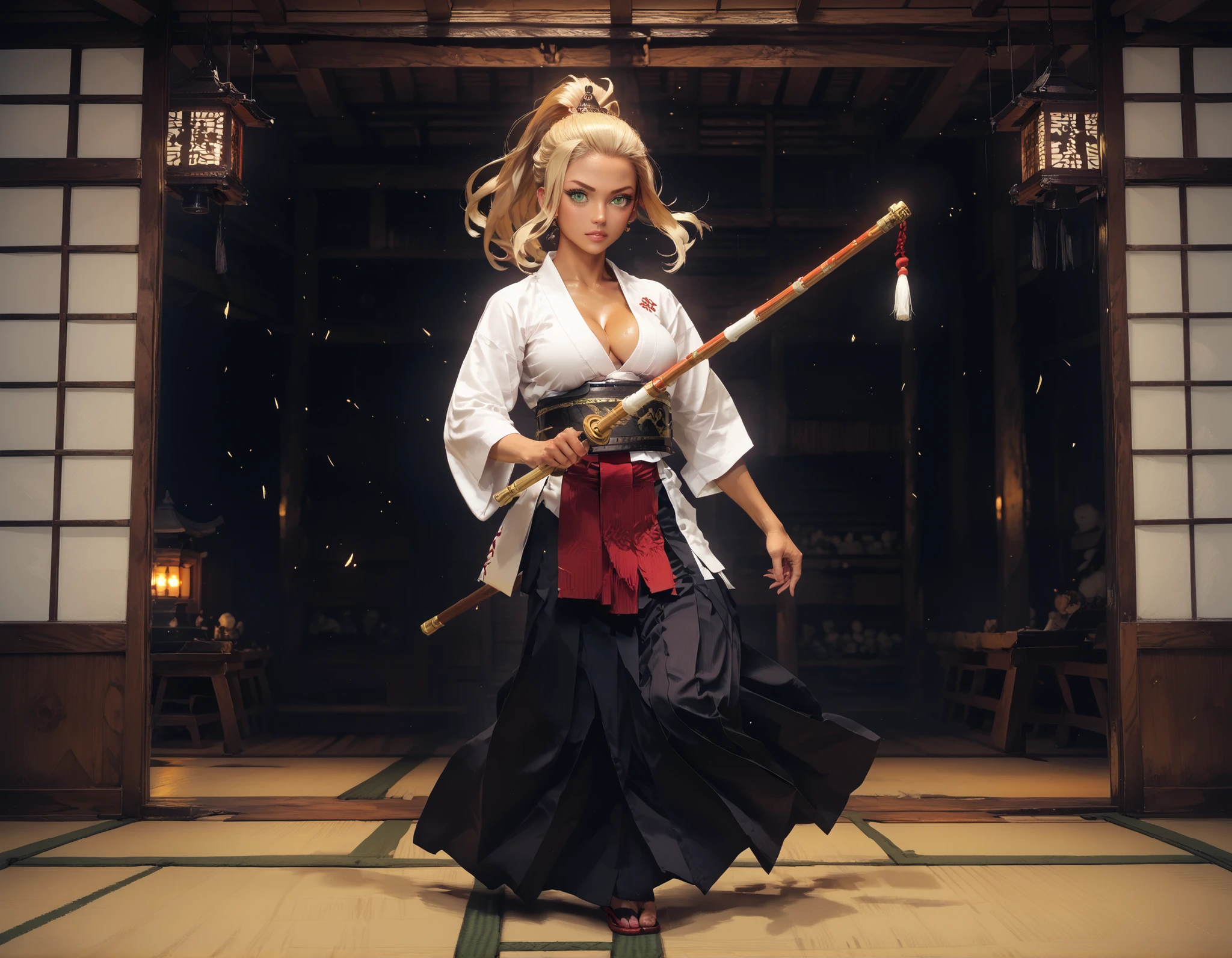 perfect anatomy, very detailed, dynamic scene, dynamic stance, masterpiece, nierscene, hakama, kendo_gear, kendo-tare, dojo interior, modern dojo with traditional flare, on the far wall is a large trophy and two crossed shinai, in the middle of the floor is a woman with long wavy blonde-brown hair and smart green eyes, her hair is in a ponytail, tan_lines, deep cleavage, holding a shinai in a ready stance, a cute blonde woman with short hair watched her from the background