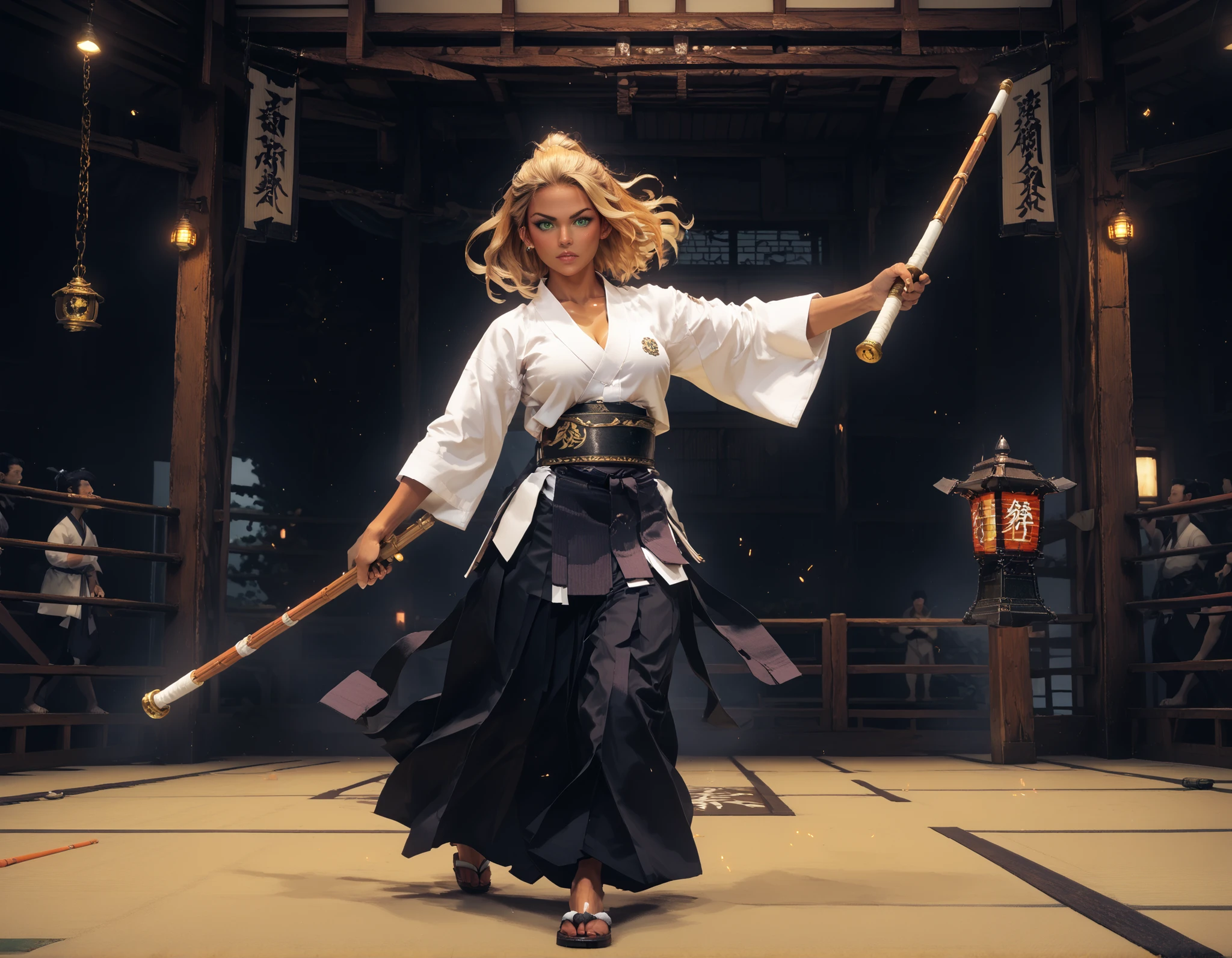 perfect anatomy, very detailed, dynamic scene, dynamic stance, masterpiece, nierscene, hakama, kendo_gear, kendo-tare, dojo interior, modern dojo with traditional flare, on the far wall is a large trophy and two crossed shinai, in the middle of the floor is a woman with long wavy blonde-brown hair and smart green eyes, her hair is in a ponytail, tan_lines, deep cleavage, holding a shinai in a ready stance, a cute blonde woman with short hair watched her from the background