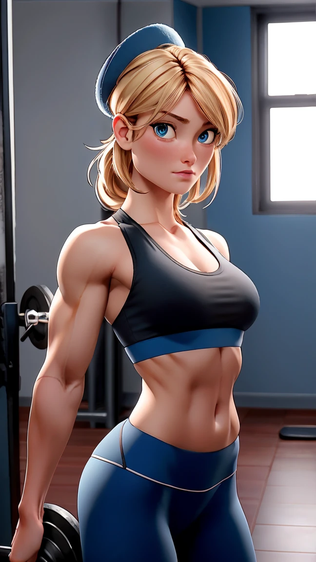 Ultra Realistic,Rapunzel, wearing gym clothes, lifting weights at the gym, sweat, intense gaze <lora:Cine Princesses:1>