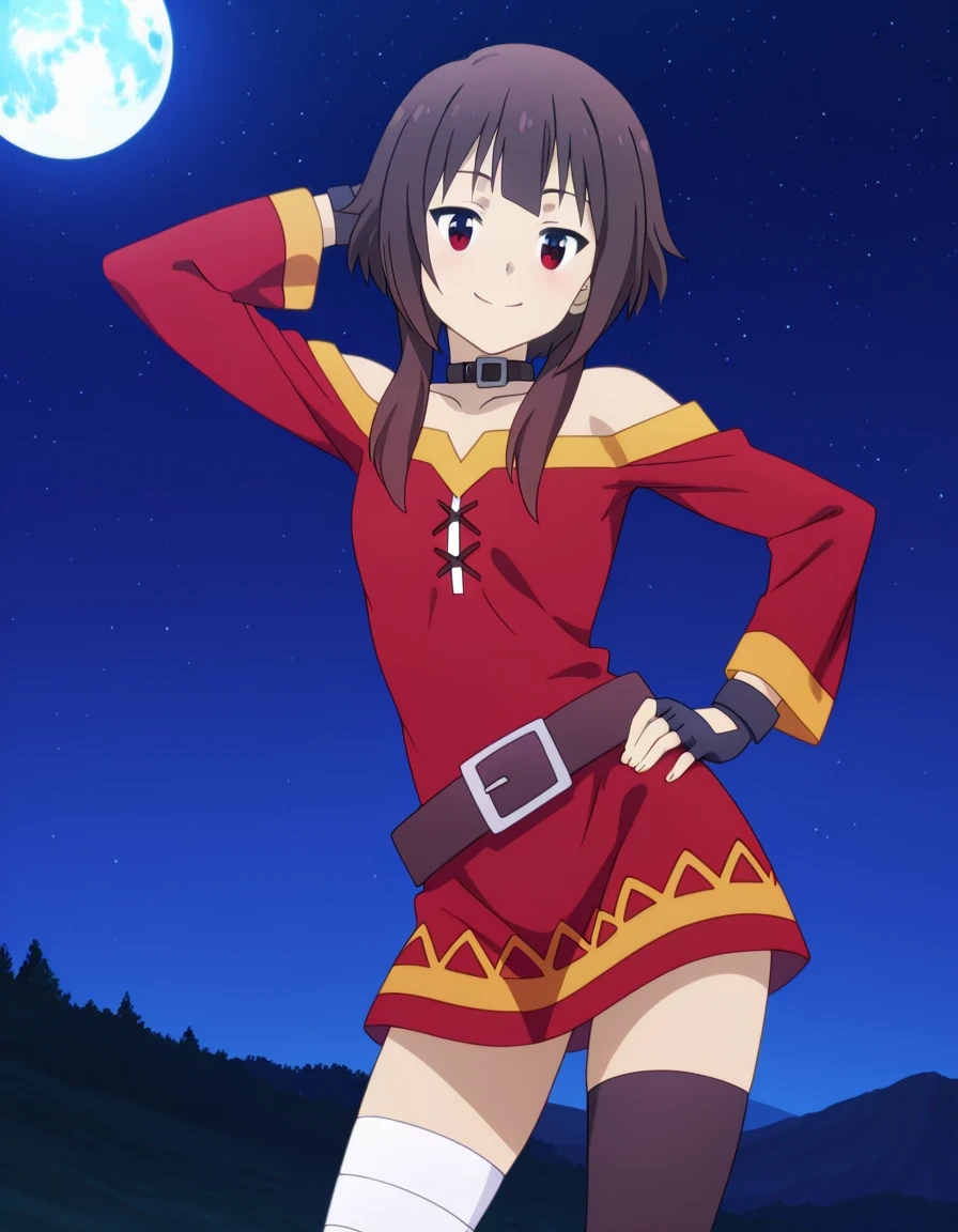 megumin, short hair, black hair, red eyes, short hair with long locks, mature female, small breasts, anime screencap, thighhighs, gloves, dress, black gloves, belt, black thighhighs, fingerless gloves, collar, bandages, red dress, single thighhigh, asymmetrical legwear, bandaged leg, high quality, solo, night sky, hill top, stars, moon, hand behind head, hand on hip, ((contrapposto)), closed mouth, cowboy shot, looking at viewer, smile, best quality