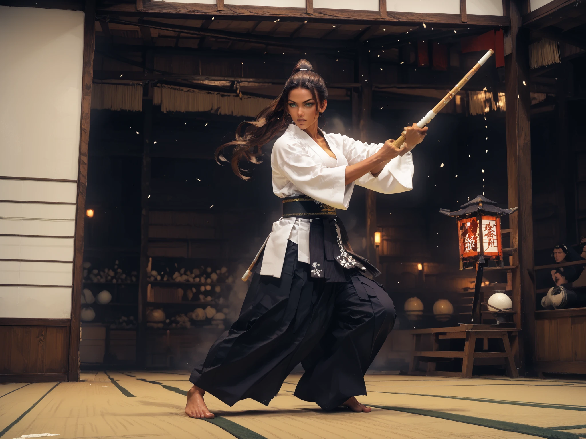 perfect anatomy, very detailed, dynamic scene, dynamic stance, masterpiece, nierscene, hakama, kendo_gear, kendo-tare, dojo interior, modern dojo with traditional flare, in the middle of the floor is a woman with long wavy blonde-brown hair and smart green eyes, her hair is in a ponytail, tan_lines, deep cleavage, holding a shinai in a ready stance