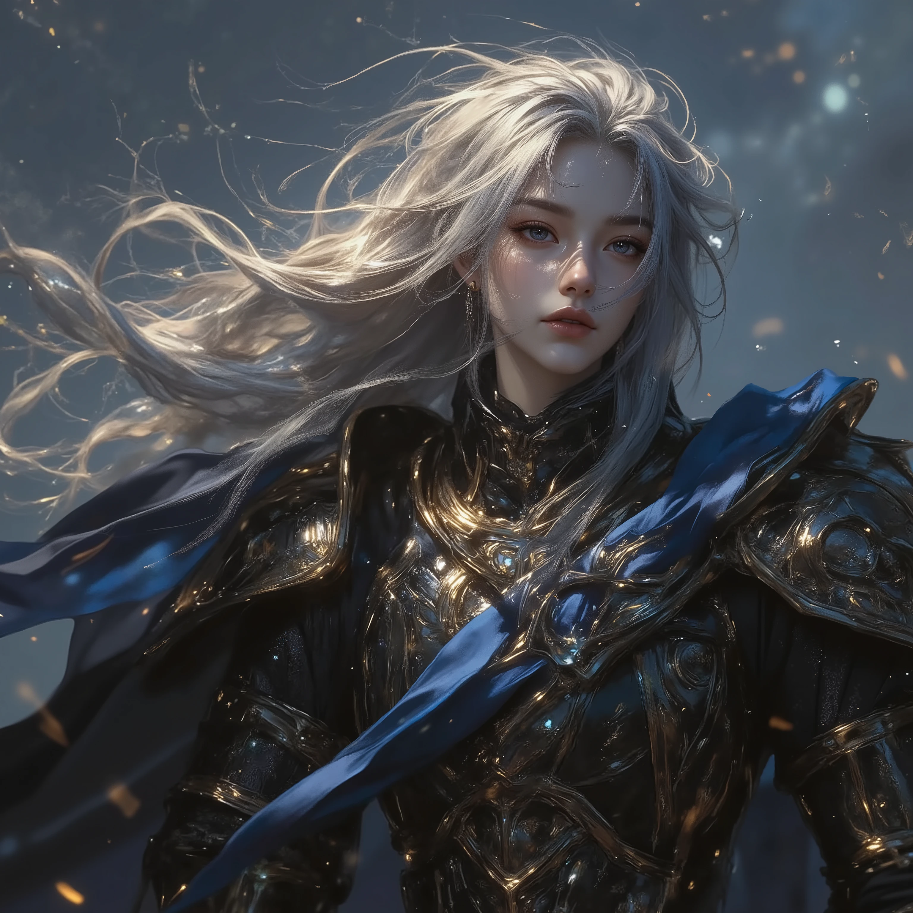 artwork:Anato Finnstak。This is a dark and fantastic digital illustration,footage from the front camera,depicts a beautiful woman, long silver white hair,above shoulder close-up,Stoic expression,Carrying a Saint Samurai Greatsword,background with storm and smoke。The image also shows a complex、exquisite paladin armor, gold decoration 。This woman is wearing gorgeous black lacquer,There is an intricate design and pattern above