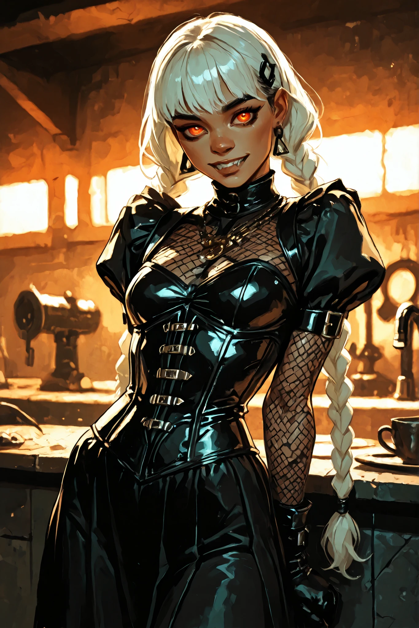 Drawn like the artist Bob Kehl. Phaedra from Fortnite with white and dark hair, deep red-coloured eyes, slanted big eyes, with sharp teeth, athletic body and abs. Slender and athletic. Cute, round and young face. White highlights in her hair. She wears Aztec black snake-leather dress with snakeskin-texture. She also wears an amber necklace. She has small . Atmospheric lighting. She looks like Wednesday Adams. Box-art. DnD-art-style, Looking at the viewer. Oil painting. Sepia filter. Less colour. Semi-realistic style. Background: medieval aztec ruin