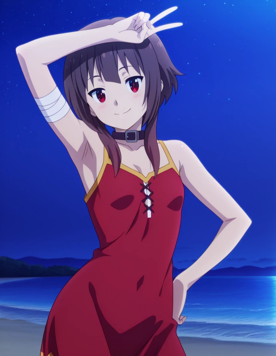 megumin, short hair, black hair, red eyes, short hair with long locks, mature female, small breasts, anime screencap, sleeveless, collar, bandages, red dress, high quality, solo, night sky, beach, <lora:spread-armpit-illustriousxl-lora-nochekaiser:1>, spread armpit, armpits, armpit focus, v, ((contrapposto)), closed mouth, upper body, looking at viewer, smile, best quality