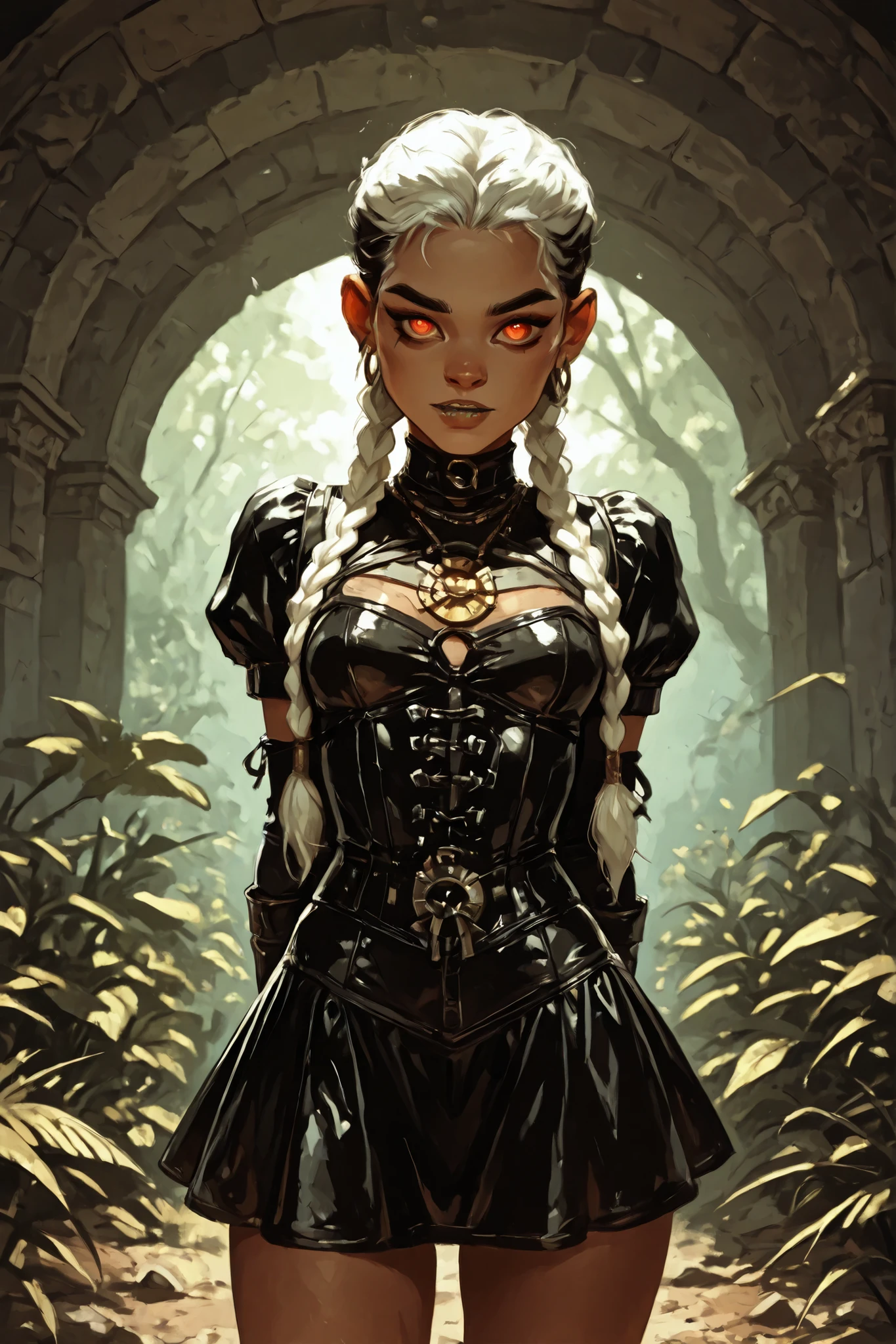 Drawn like the artist Bob Kehl. Phaedra from Fortnite with white and dark hair, deep red-coloured eyes, slanted big eyes, with sharp teeth, athletic body and abs. Slender and athletic. Cute, round and young face. White highlights in her hair. She wears Aztec black snake-leather dress with snakeskin-texture. She also wears an amber necklace. She has small . Atmospheric lighting. She looks like Wednesday Adams. Box-art. DnD-art-style, Looking at the viewer. Oil painting. Sepia filter. Less colour. Semi-realistic style. Background: medieval aztec ruin