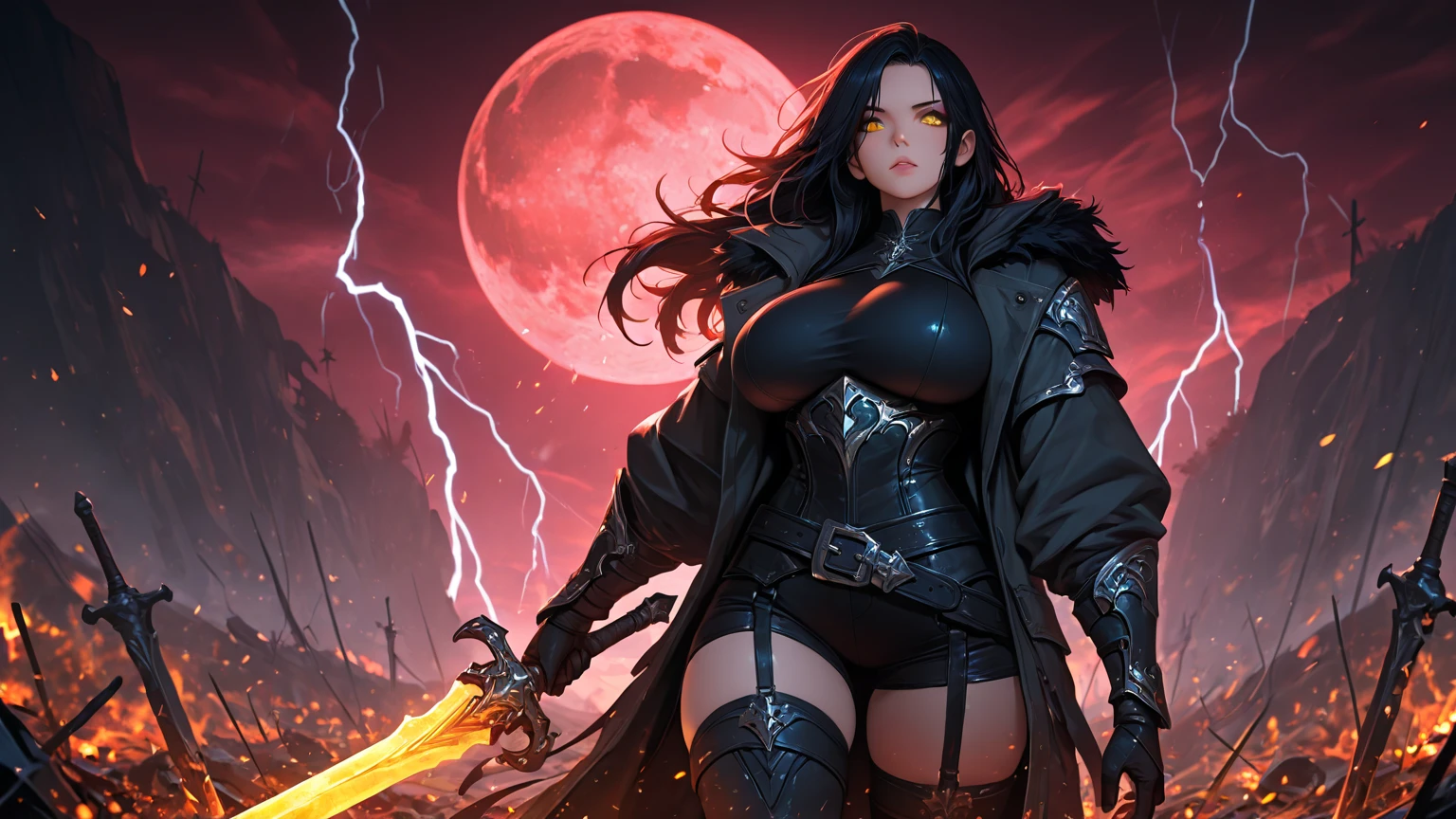 Extremely busty thin and toned brunette death metal singer, college girl, fair skin, big hair, hair pulled back, soft face, athletic, heavy makeup, piercings, black leather, studs, corset, boots, fingerless gloves, tight skirt, chains. standing on a stage, pyrotechnics, holding a microphone, metal concert. (microphone, fist in the sky), angry, rage, screaming. Heavy metal. Death metal. Explosions, fire.