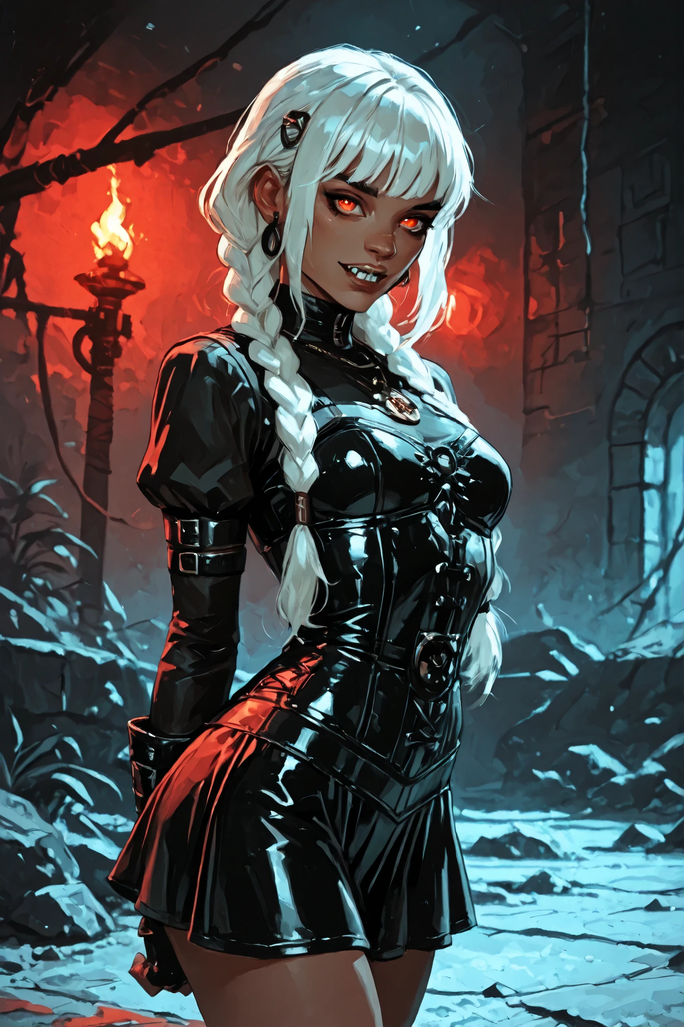 Drawn like the artist Bob Kehl. Phaedra from Fortnite with white and dark hair, deep red-coloured eyes, slanted big eyes, with sharp teeth, athletic body and abs. Slender and athletic. Cute, round and young face. White highlights in her hair. She wears Aztec black snake-leather dress with snakeskin-texture. She also wears an amber necklace. She has small . Atmospheric lighting. She looks like Wednesday Adams. Box-art. DnD-art-style, Looking at the viewer. Oil painting. Sepia filter. Less colour. Semi-realistic style. Background: medieval aztec ruin