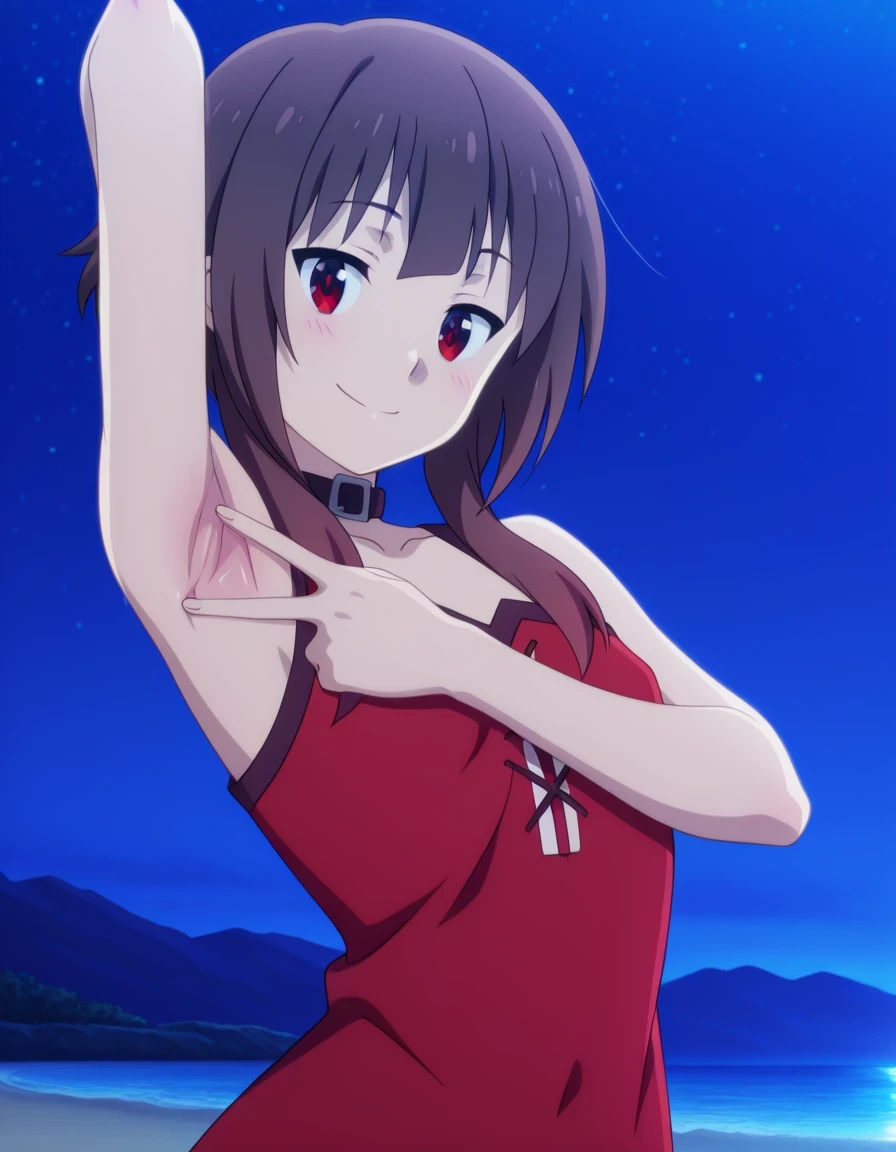 megumin, short hair, black hair, red eyes, short hair with long locks, mature female, small breasts, anime screencap, sleeveless, collar, red dress, high quality, solo, night sky, beach, <lora:spread-armpit-illustriousxl-lora-nochekaiser:1>, spread armpit, armpits, armpit focus, v, ((contrapposto)), closed mouth, upper body, looking at viewer, smile, best quality
