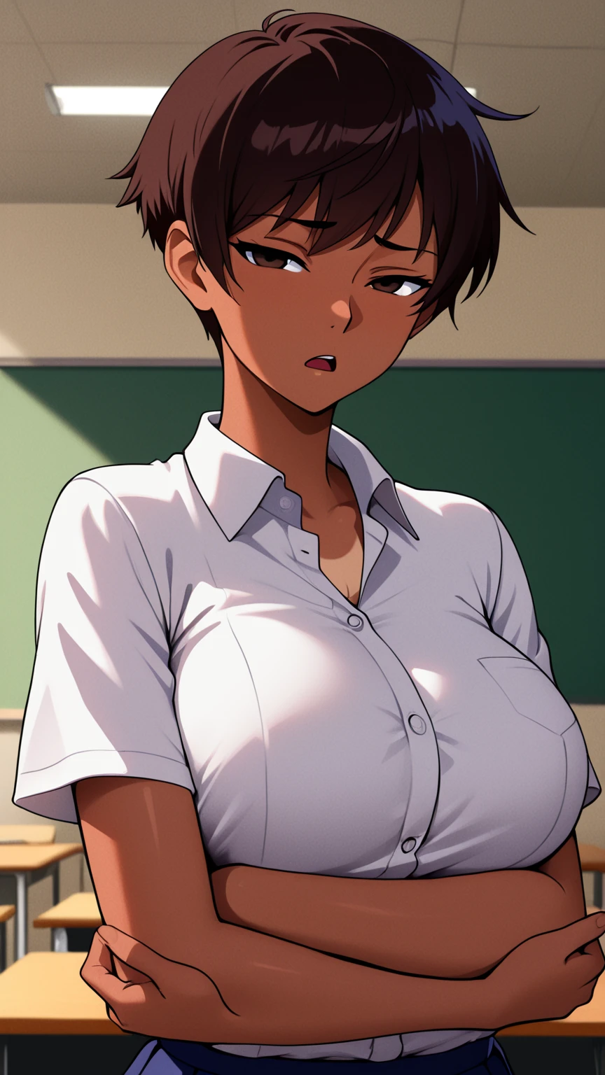 (masterpiece, best quality), intricate details, 1girl, komi shuuko, white shirt, classroom, seductive smile,cleavage, sweaty,
