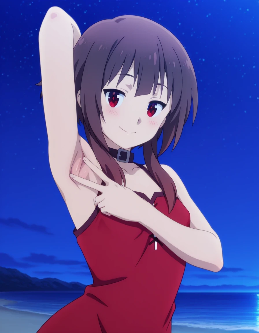 megumin, short hair, black hair, red eyes, short hair with long locks, mature female, small breasts, anime screencap, sleeveless, collar, red dress, high quality, solo, night sky, beach, <lora:spread-armpit-illustriousxl-lora-nochekaiser:1>, spread armpit, armpits, armpit focus, v, ((contrapposto)), closed mouth, upper body, looking at viewer, smile, best quality