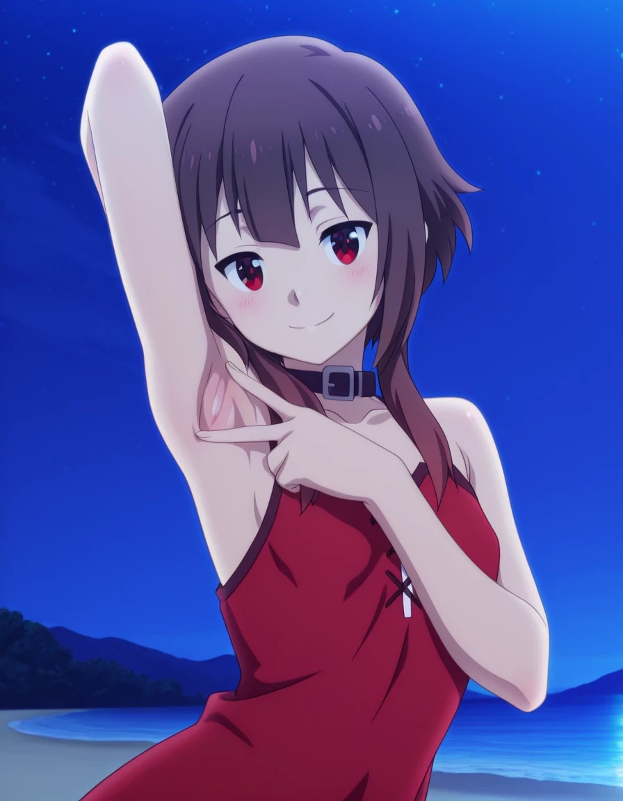 megumin, short hair, black hair, red eyes, short hair with long locks, mature female, small breasts, anime screencap, sleeveless, collar, red dress, high quality, solo, night sky, beach, <lora:spread-armpit-illustriousxl-lora-nochekaiser:1>, spread armpit, armpits, armpit focus, v, ((contrapposto)), closed mouth, upper body, looking at viewer, smile, best quality