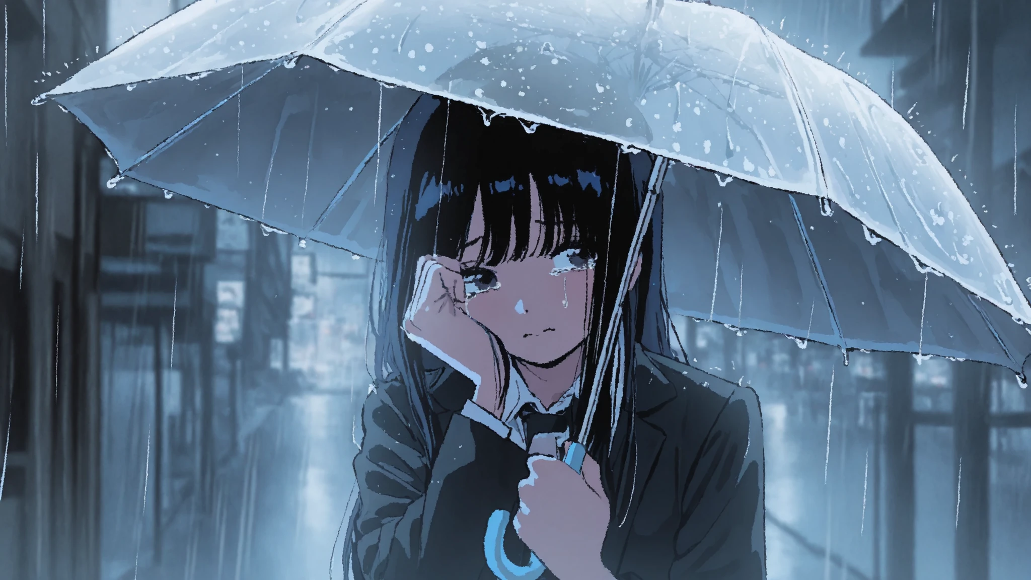 City Pop, black uniform, 1girl, Girl with straight taupe hair, dark tone , rain, umbrella, depressing, dreamy and emotional atmosphere with rich backgrounds, illustration style, Wiping away tears,cute face