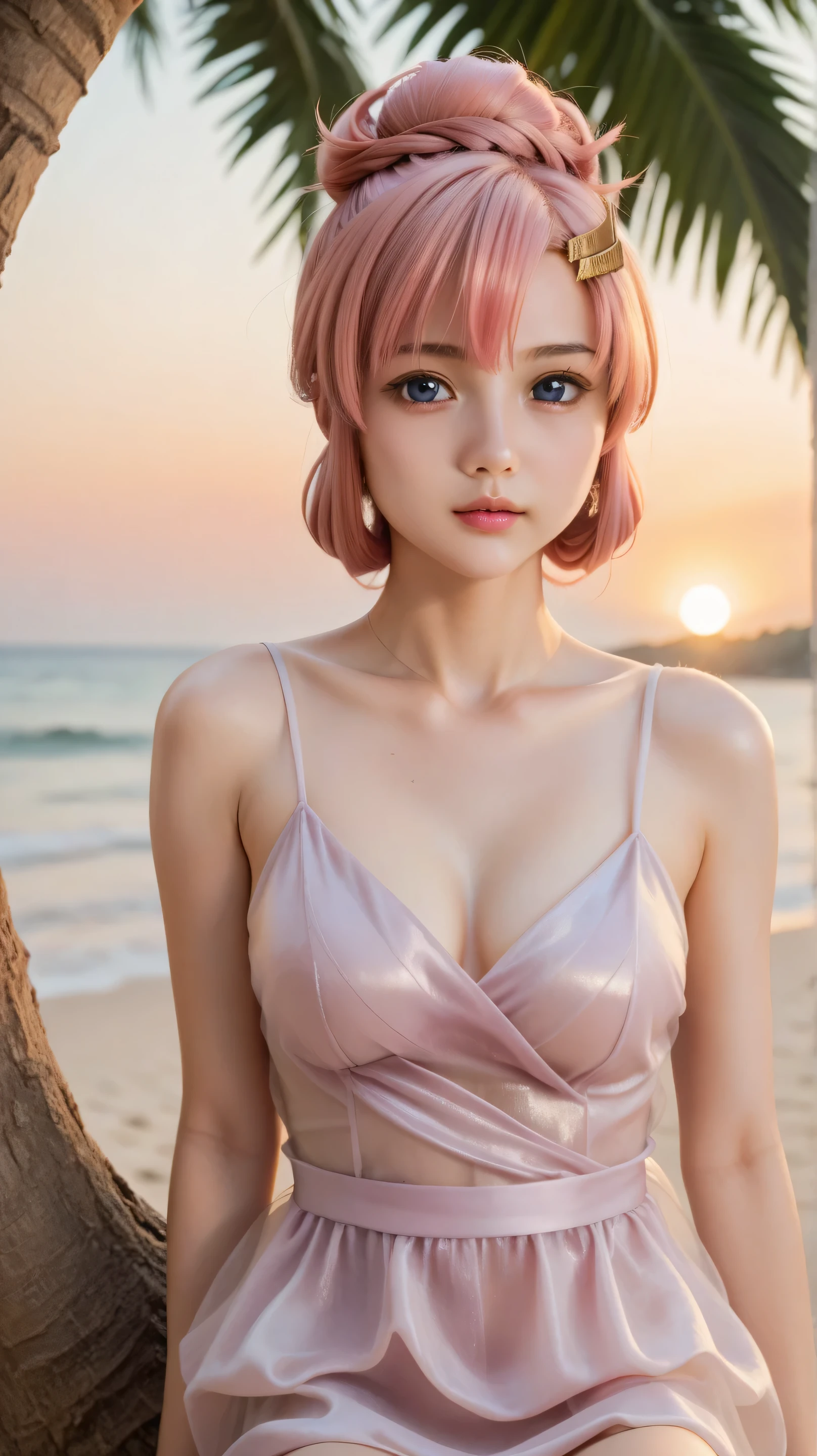 1girl, solo,lacus clyne,pink hair,very long hair,outdoors,potrait,beach background,medium breast,gold hair clip,dark blue eyes,hair ornament,front view,sitting under tree,front view,looking at viewer, sunset,(sunset light:1.5),black glove,(sheer dress:1.5),(hair bun:1.5)