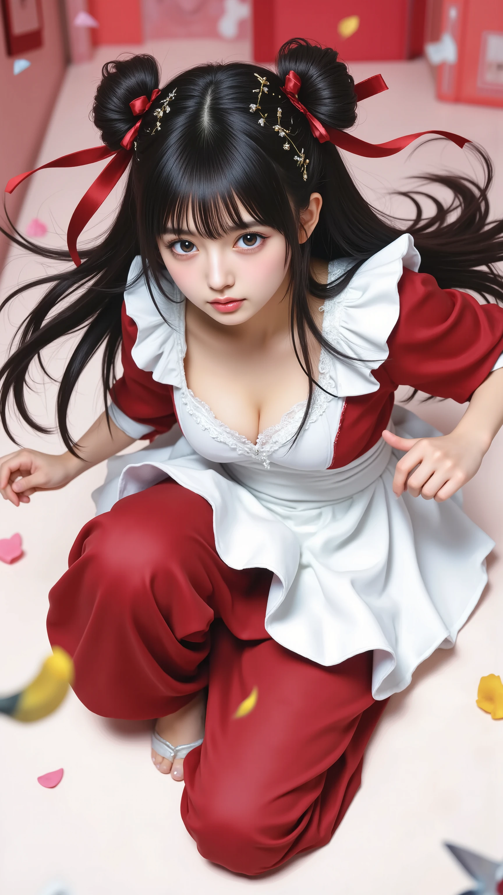 (((In the downtown area))), girl in a red and white china dress running with a knife, Anime Moe Art Style, OFFICIAL ART, Ayaka from Genshin Impact, shampoo, Marin Kitagawa fanart, Fate/Stay Night,  Iwakura Rain , Hyuga Hinata, detailed anime character art,  lori, OFFICIAL ARTwork, (bell hair ornament, red ribbon, Twin Bun Hair, long hair), (angry face, Cute small face), slender body, (detailed hands:1.3, Perfectly Right Hand:1.3), (Beautiful Breasts,  cleft), (Detailed Eyes and Faces:1.2, Professional Shooting Techniques), (Highest Quality, Highest Image Quality, masterpiece), reality, ultra high definition, (High nose, Moisturizing Lips)