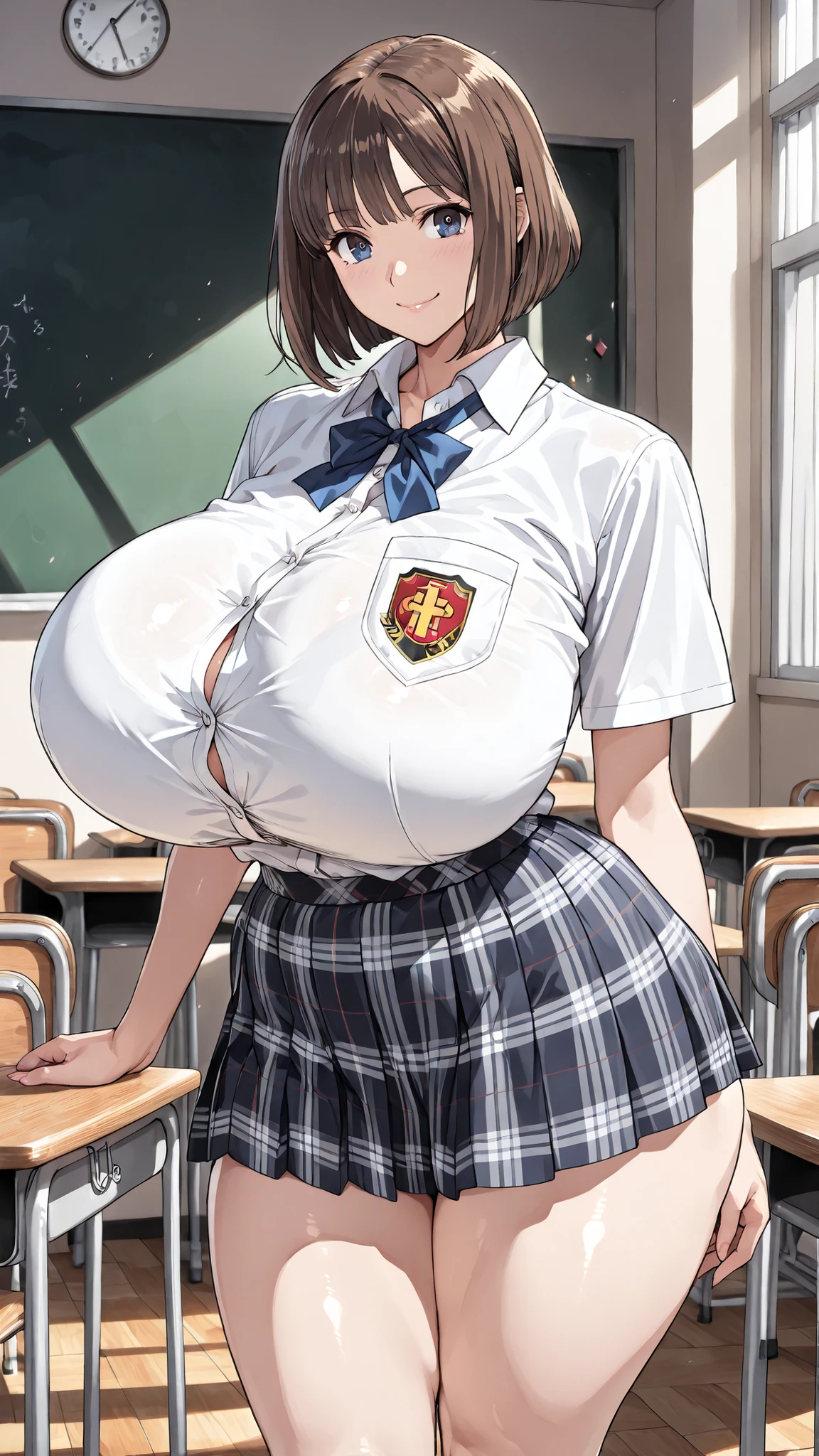 ((sexy, high detail, masterpiece, best quality, high quality, high-definition, beautiful girl)), ((1woman)), beautiful face, beautiful blue eyes, ((perfect body, perfect curves,)) perfect thighs, perfect hip to body ratio, gigantic breasts, curvy body, nsfw, looking at you with a big warm smile,
brown hair, bob cut, brown eyes,smile, school uniform, short sleeve shirt, summer style with light fabric, plaid skirt, and school emblem, standing, in the classroom, gigantic breasts,