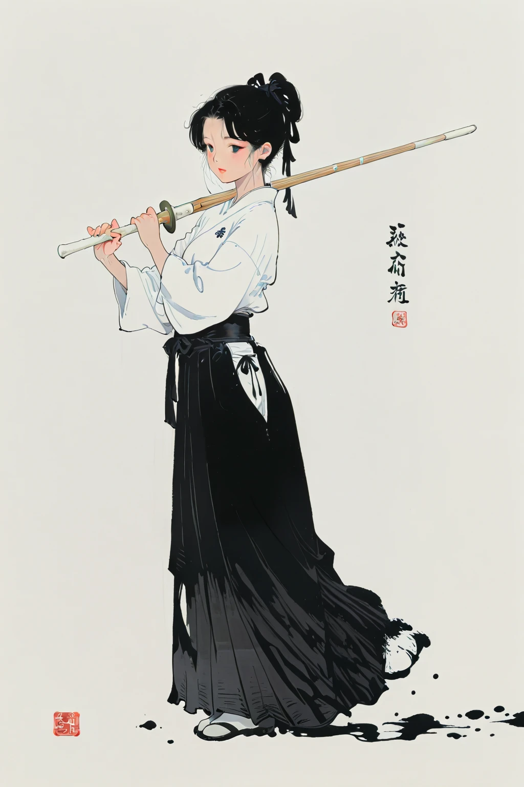 chinese ink painting, traditional media, liujiyou , 1 boy, solo,Holding a long stick, martial art , Shaolin Temple, long sleeves, <lora:liujiyou-SDXL:0.8>