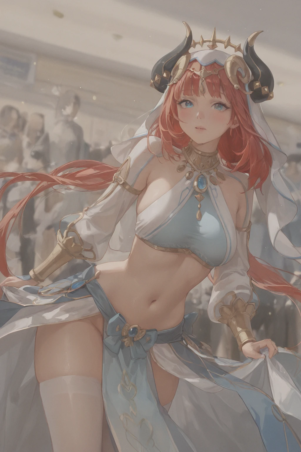 Candid realistic cosplay photo, 9:16 ratio.
A petite and beautiful Indonesian cosplayer portraying Nilou from Genshin Impact at a crowded anime convention.
She has delicate Southeast Asian facial features, fair glowing skin, and a long silky red wig adorned with Nilou’s golden headpiece and blue ornaments.
Her exotic dance costume of blue, white, and red fabrics with gold accents looks slightly disheveled, clinging in ways that emphasize the natural weight and softness of her very large breasts.
The top hangs a bit low, showing gentle natural curves with a soft downward pull — realistic and unenhanced, creating an authentic silhouette.
Her toned stomach and exposed midriff shine under the convention lights, while flowing skirt panels ride up just enough to reveal smooth thighs and sheer stockings.
She looks flustered and shy, caught off guard while adjusting her headpiece, blushing awkwardness mixing with graceful poise.
Background: a lively hall filled with blurred fans, cosplayers, and colorful banners, reinforcing authentic realism.
Vibes: Indonesian beauty, natural sensuality, real cosplay event, large natural breasts portrayed softly and realistically, candid awkward charm.