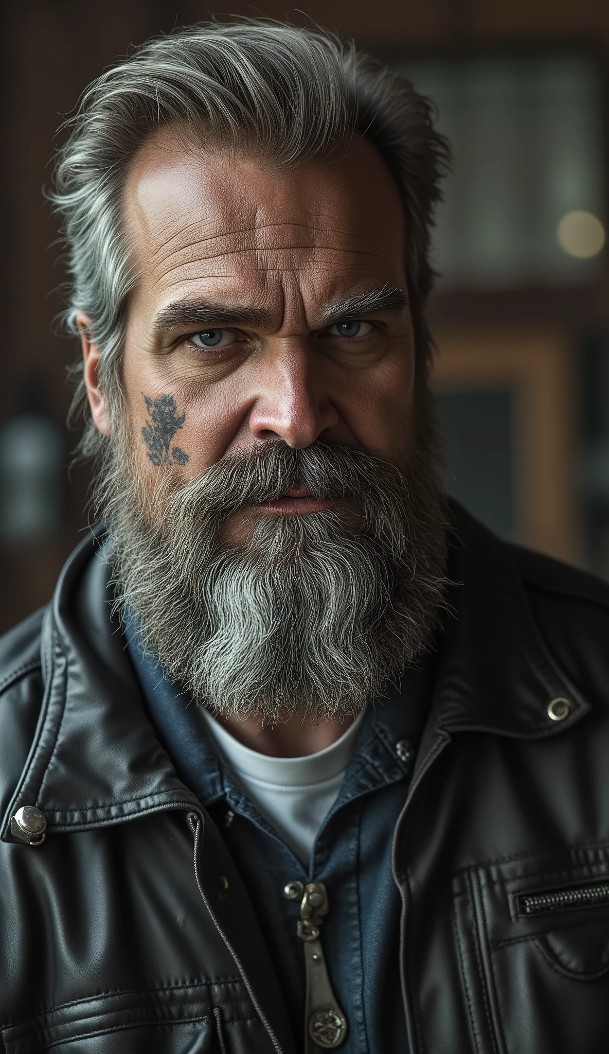 (((ultra realistic))) super grey beard and hair, a 52-year-old French-American biker, ((David Harbour)) grey hair for back and long well-groomed beard, Grip Motorcycle Club, he carries an air of authority and experience. Standing at 6’3, well-defined build, broad shoulders, large biceps, Grey hair. on top, grey beard, Serious face. skin is marked by a healed scar across his left cheek, tattoos on neck and arms, Dressed in a black leather jacket, white T-shirt under jacket, black jeans, sturdy black boots, outlaw biker. Silver rings on fingers, military dog tag on neck, blade tucked into his boot. presence. metalhead style, His posture is relaxed, poses with harley dayvidson badboy motorcycle, (muscle), (detailed skin, skin texture) wood Garage scenario in background