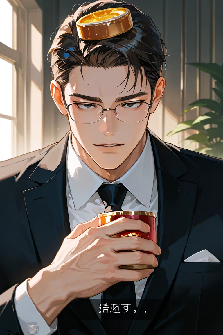 An adult man with black hair and glasses drinking coffee
