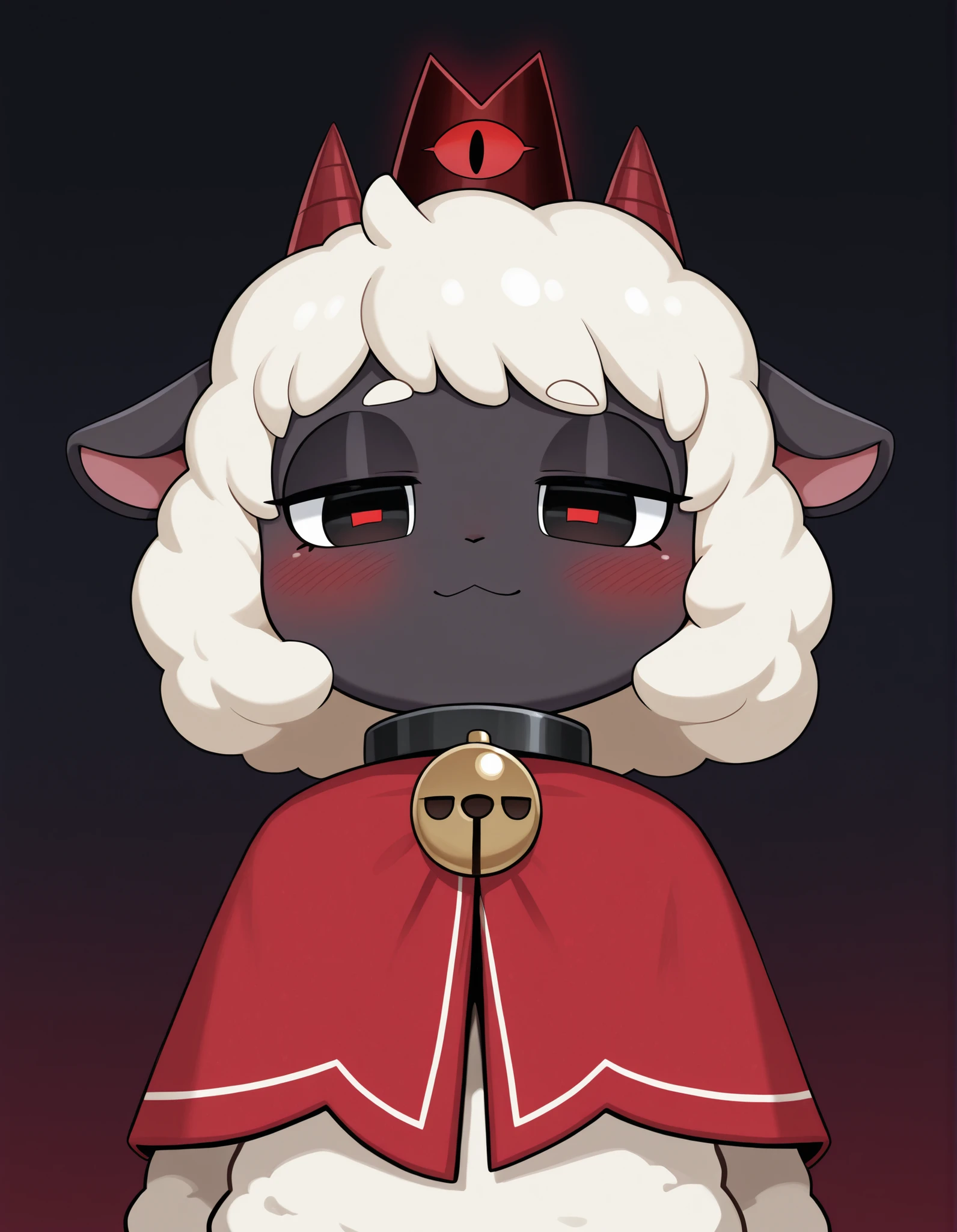 Sum Style, blush,, masterpiece, best quality, very aesthetic, 1girl, solo, cult of the lamb, sheep girl, collar, horizontal pupils, red/black eyes, red crown,